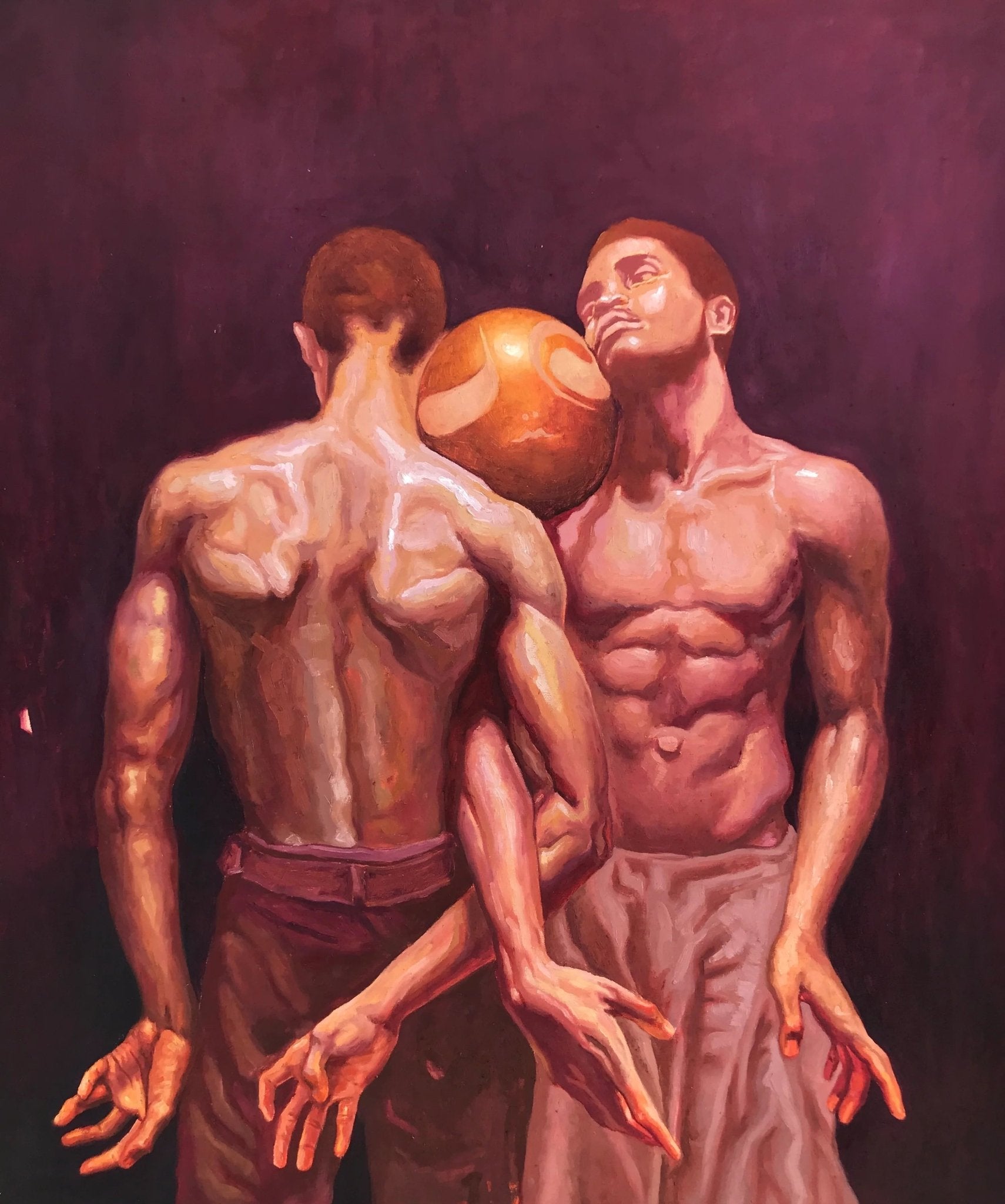 In "Attached" by Emmanuel Ugwu, two shirtless men stand closely back to front, a ball between their necks. Rendered in soft realism with defined muscles and expressive hands, they are set against a deep reddish-purple background.