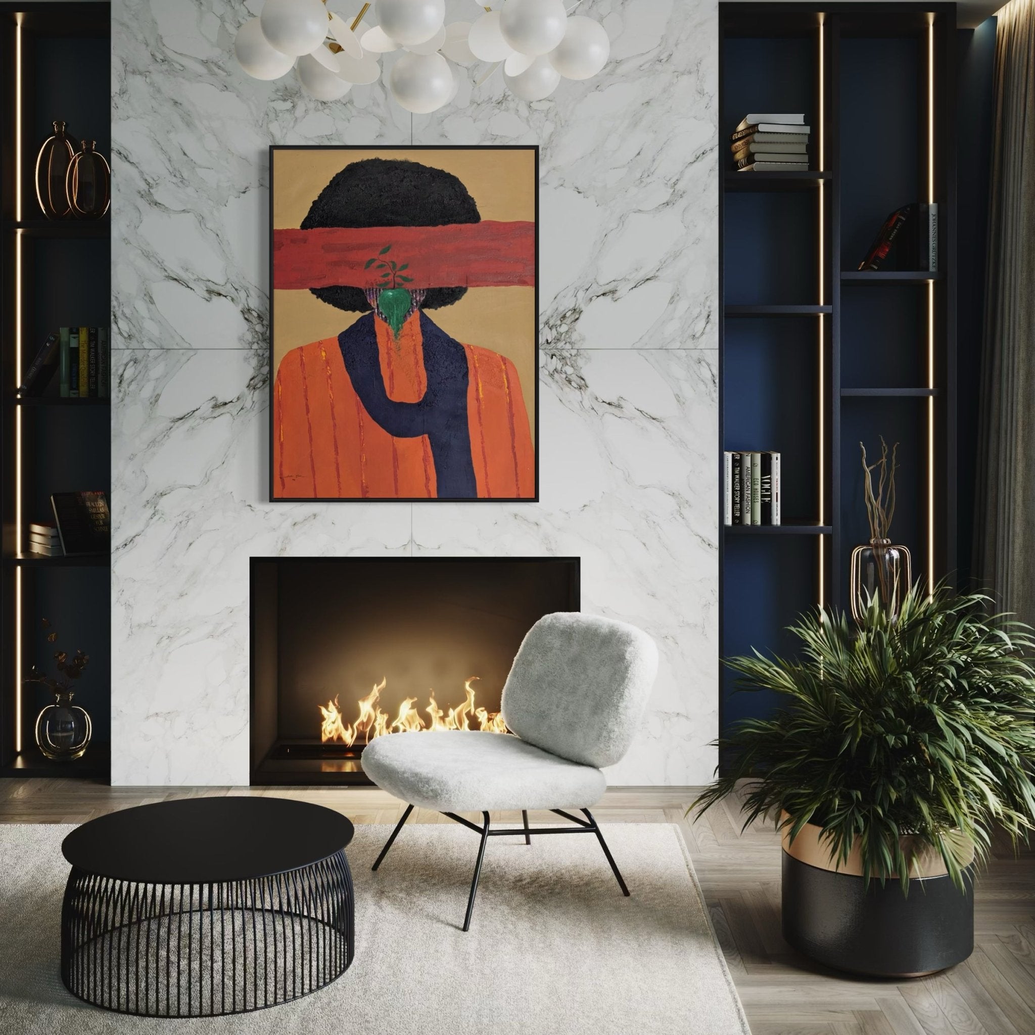A modern living room with a marble fireplace, a gray chair, black round coffee table, built-in shelves, a large green plant, and “Austin Slam – Growth II” by Slam Austin above the fireplace, which has a bright fire burning.