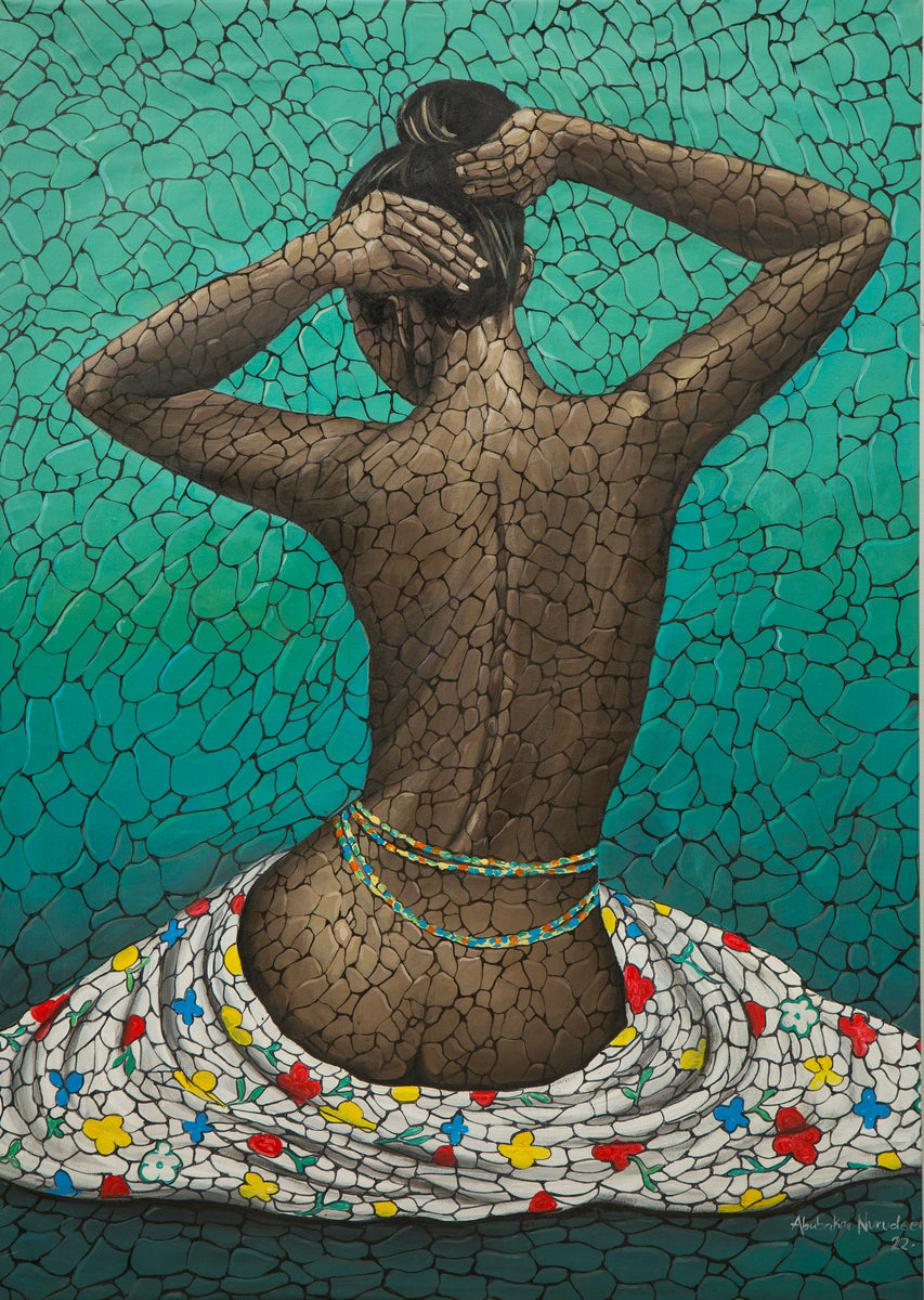 Mosaic of Beauty" by Abubakar Nurudeen is a hand-signed acrylic on canvas painting of a woman from behind, holding her hair, in floral-patterned white cloth and beaded waist jewelry on a green background. Certificate of authenticity included.
