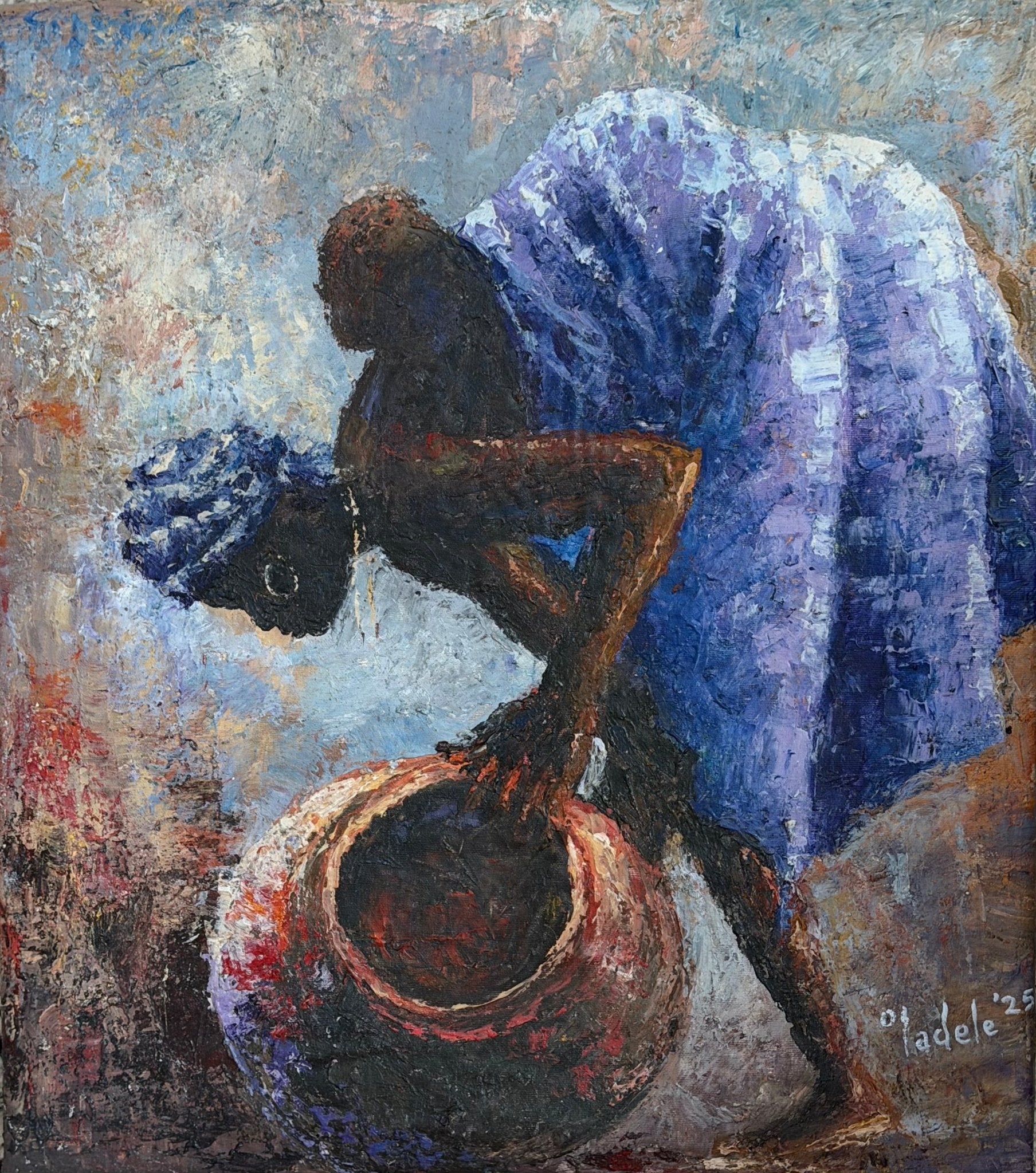 Backed Up" by Sunday Oladele is a textured, original framed painting celebrating Nigerian art and African motherhood, featuring a woman in a blue headscarf and dress lifting a large clay pot with rich earth tones.