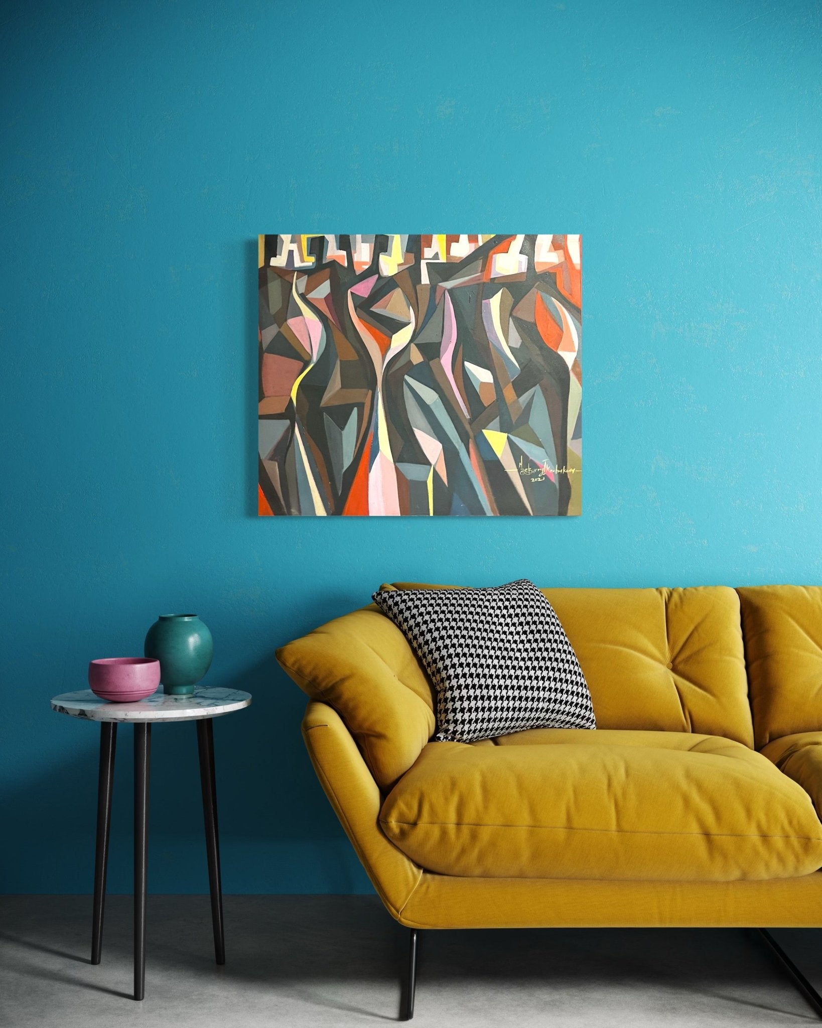 A modern living room with a mustard yellow sofa, black-and-white pillow, round marble side table with teal and pink vases, and 'The Red Man' 78x78 cm by Barry Ikechukwu displayed on a bright turquoise wall.