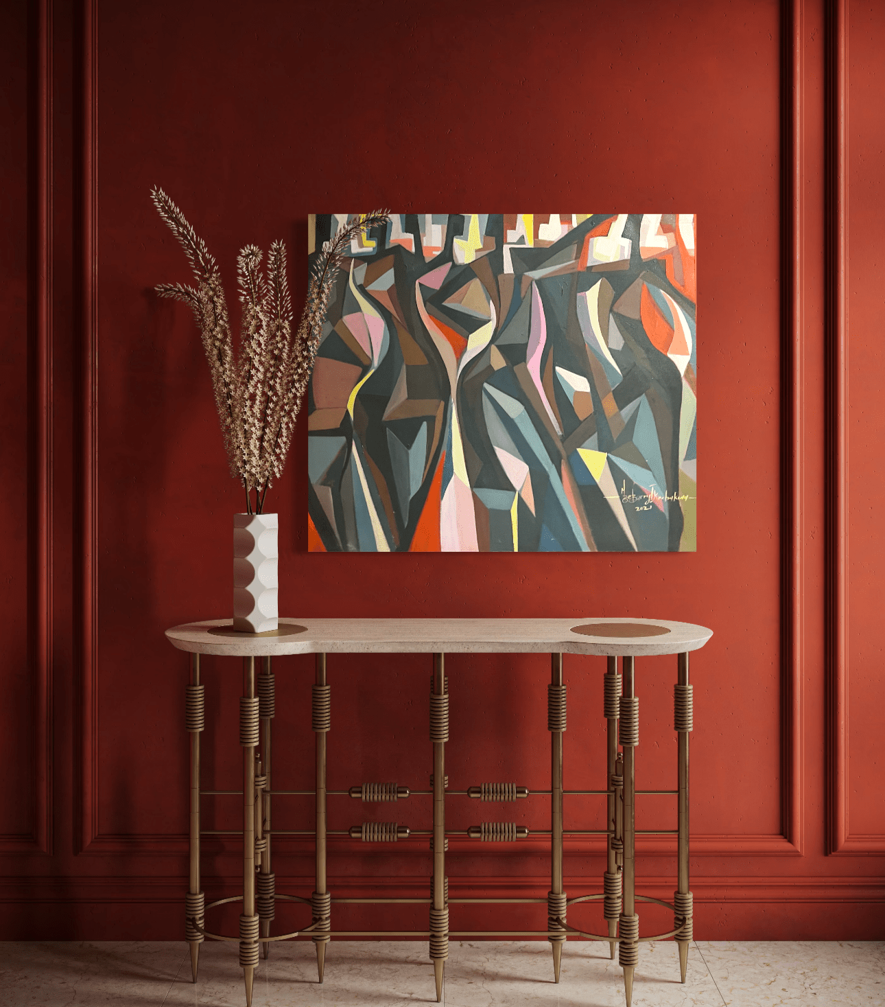 A modern console table with vases and dried grasses stands against a red paneled wall. Above it hangs 'The Red Man' 78x78 cm by Barry Ikechukwu, a bold cubist artwork featuring geometric shapes in vibrant mixed media acrylic.