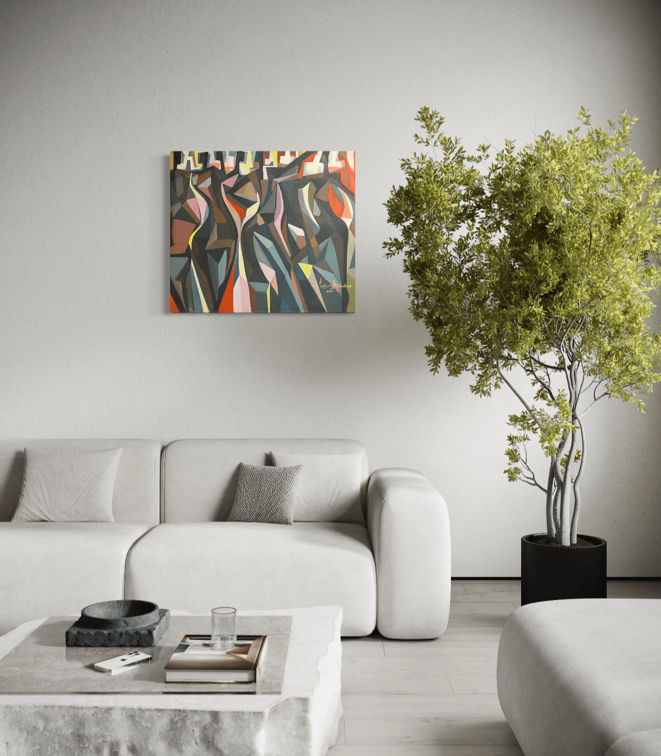 A modern living room with a white sofa, marble coffee table, tall green plant, and 'The Red Man' 78x78 cm by Barry Ikechukwu—a mixed media acrylic featuring abstract human forms—displayed above the sofa in minimalistic, neutral décor.