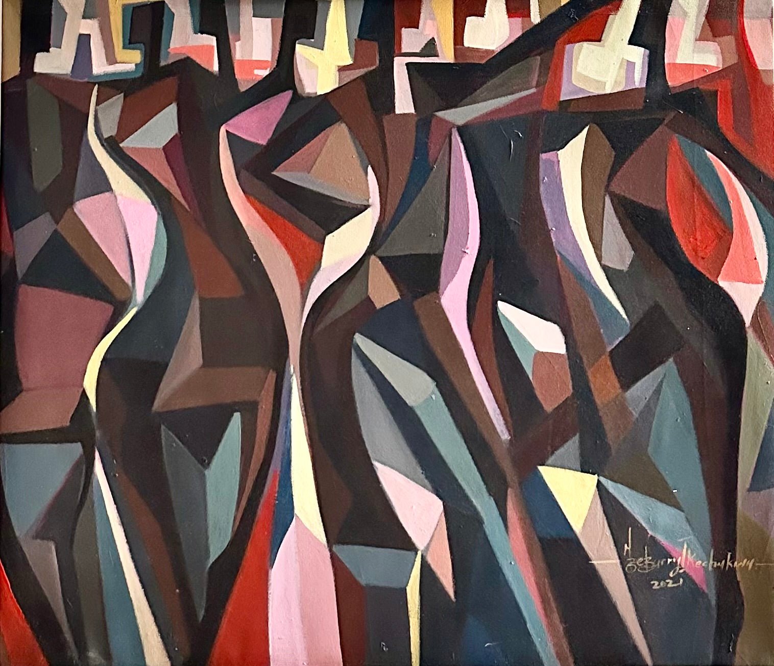 'The Red Man' by Barry Ikechukwu (78x78 cm) is a mixed media acrylic painting featuring geometric shapes in earthy reds, browns, pinks, and blues. Abstract human forms appear beneath fragmented lettering. Signed and dated 2021 in the lower right.
