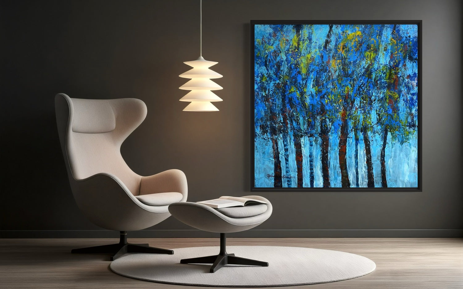 A modern lounge with a beige armchair, ottoman, round rug, pendant lamp, and "Growth," an extra large textured impasto nature painting by Akhile Ehiforia, hand-signed and certified, displayed on a dark wall.