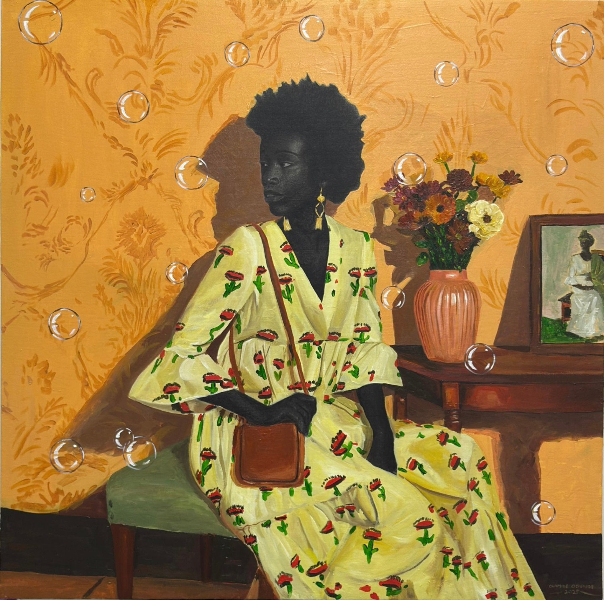 A woman in a yellow floral dress with a brown purse sits on a green chair amid bubbles, beside a floral table and portrait, set against an orange wall.