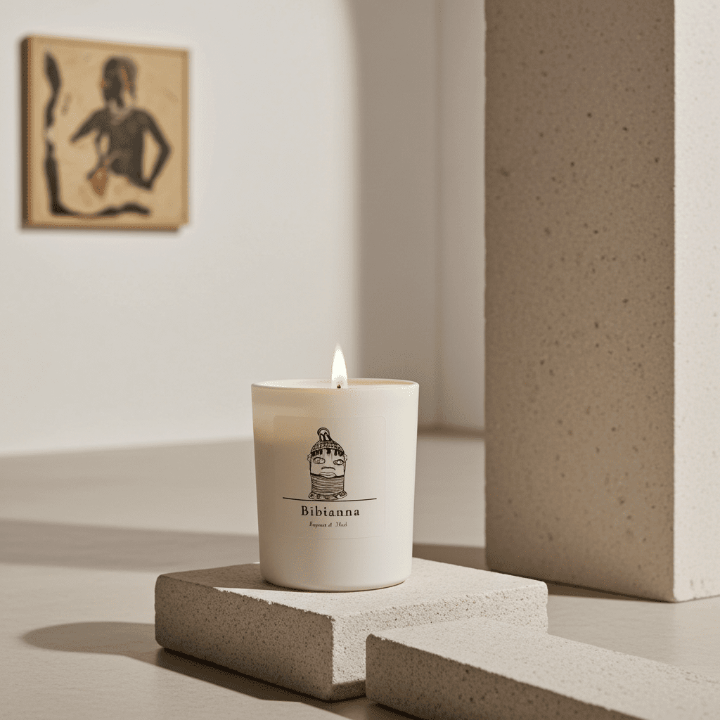 The Bibianna Visual Scented Candle - Bergamot & Musk from bibianna.co.uk sits on textured white blocks in a minimalist room, with a blurred painting behind—ideal for home fragrance lovers.
