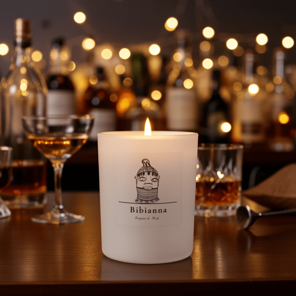 The Bibianna Visual Scented Candle - Bergamot & Musk by bibianna.co.uk glows on a wooden bar counter, surrounded by bottles and glasses, casting a warm, inviting light—perfect for elevating your home fragrances.