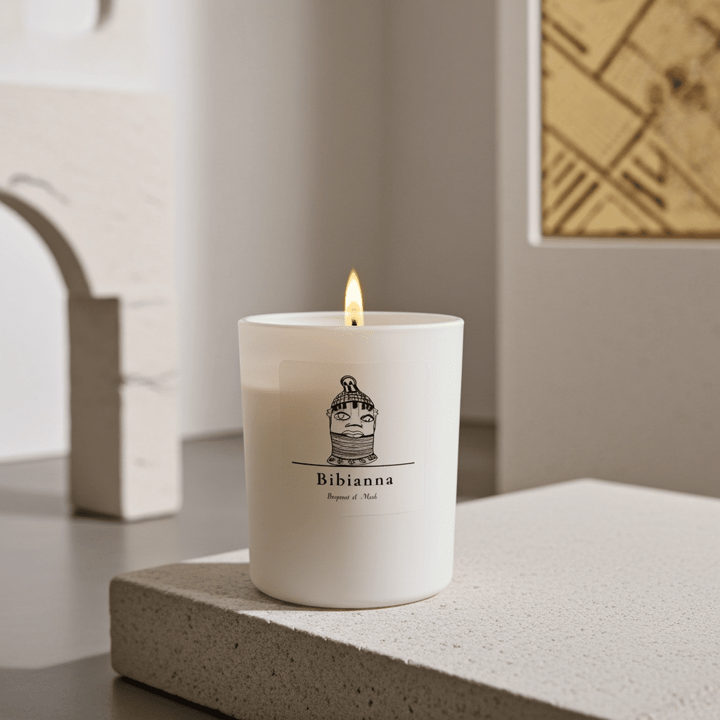 The Bibianna Visual Scented Candle - Bergamot & Musk from bibianna.co.uk features a minimalist label and burns beautifully on textured stone, surrounded by geometric decor—ideal for those who love luxury, hand-poured candles.