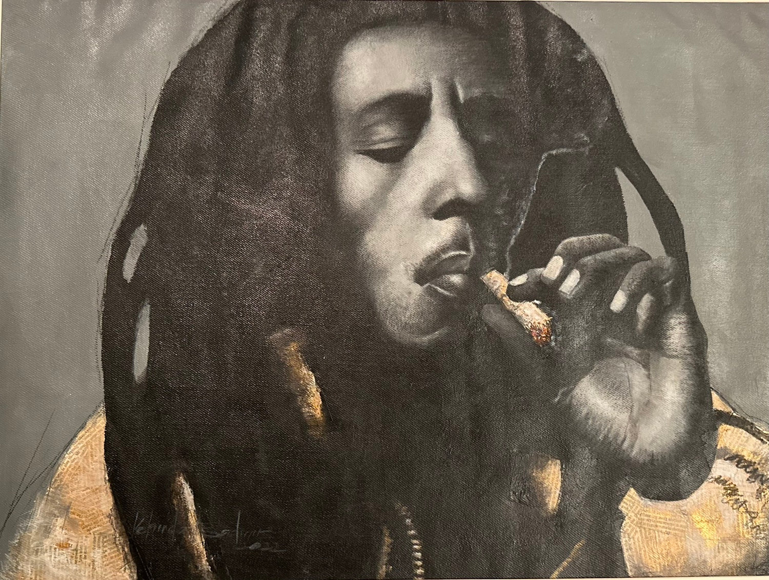 The Bob Marley Mixed Media Monochrome Painting by Kehinde Badmuss shows Bob Marley with long dreadlocks, eyes closed, calmly smoking a joint on a plain background—an introspective acrylic canvas ready to be framed.