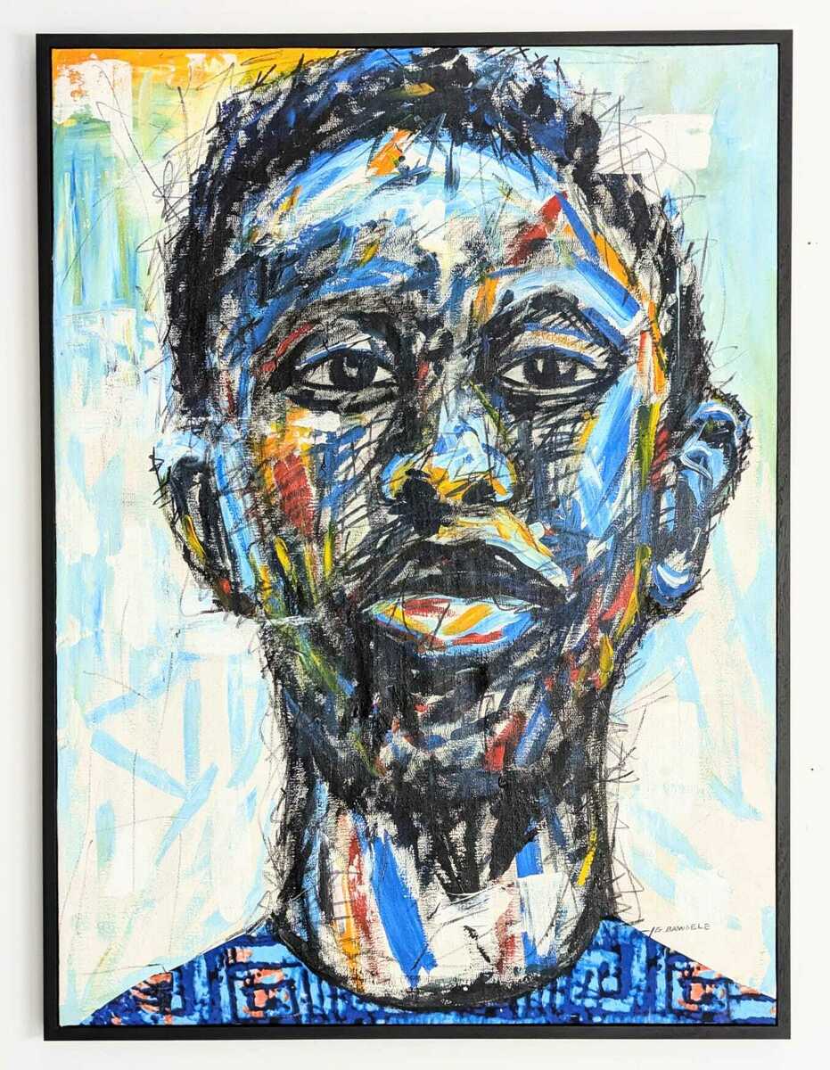 Graffiti Style Painting "Boy Child" by Bamidele: a vibrant abstract portrait of a man with expressive eyes, open mouth, and patterned shirt in bold acrylic hues on canvas. Includes certificate of authenticity. Brand: Bamidele.