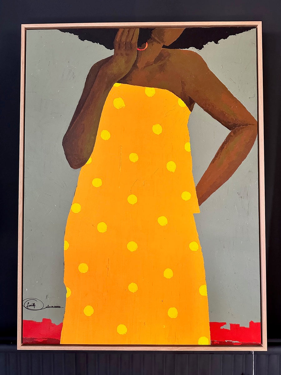 I Am Woman" by Faith O Sidneu: Acrylic on canvas, hand-signed. Features a dark-skinned woman with curly hair in a yellow polka-dot dress, one hand to her face, the other on her hip. Gray background with red accents.