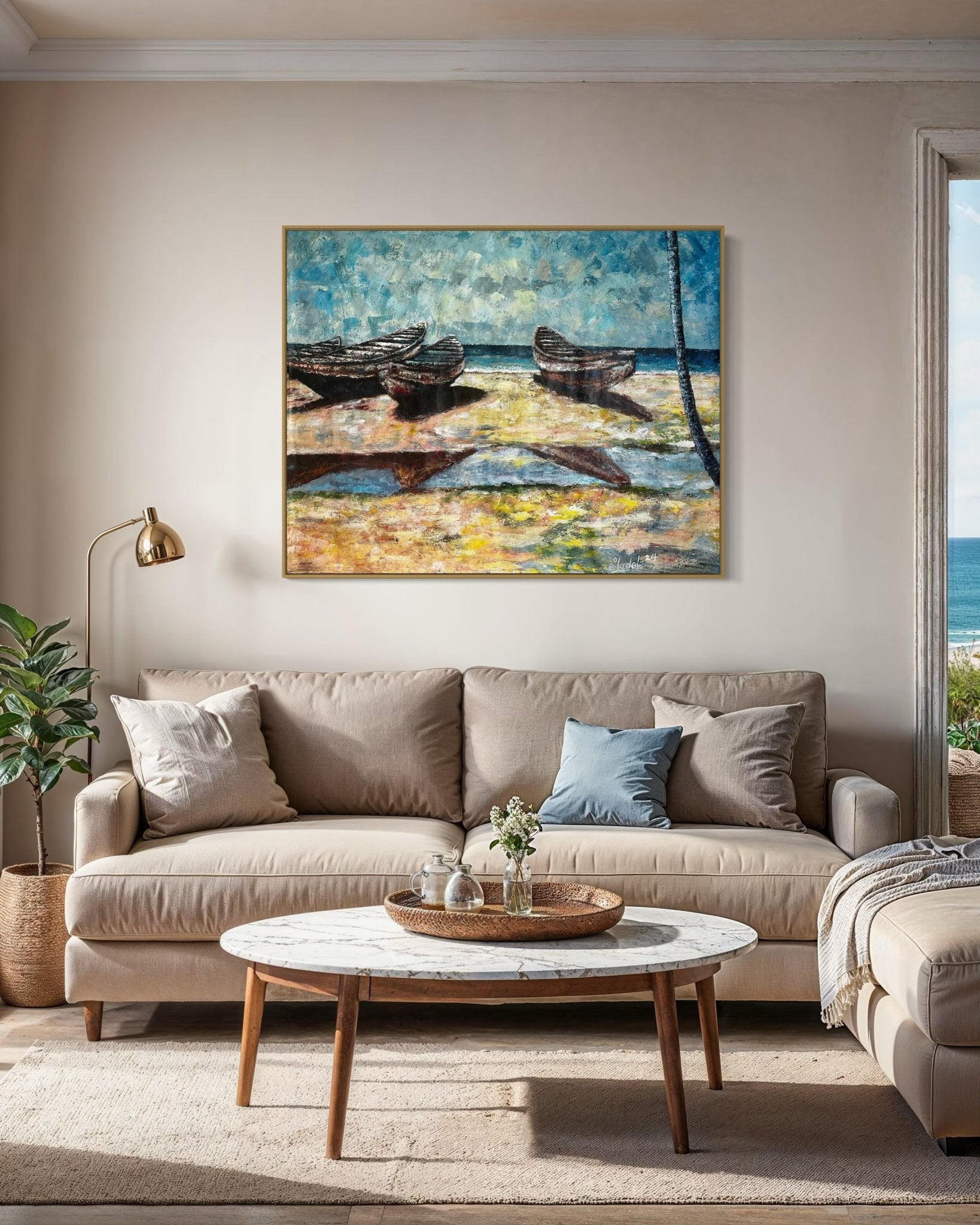 "Canoes by the Sea" Beach days 120 x 95cm - Bibianna African Art Collective