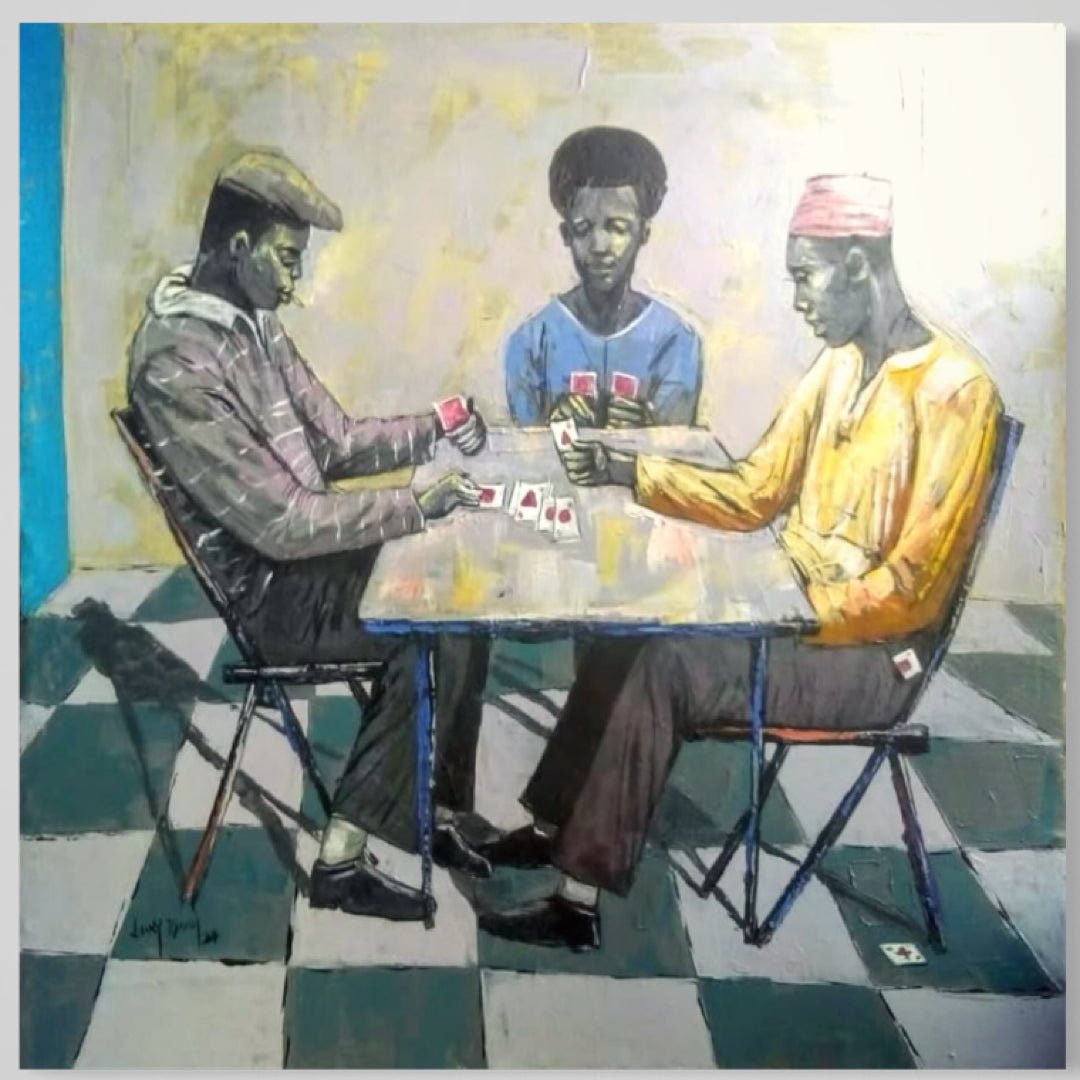 Cartels" by Lucky Isaiah depicts three men playing cards around a table on a black-and-white checkered floor. This distinctive, softly toned artwork comes hand-signed and includes a certificate of authenticity.
