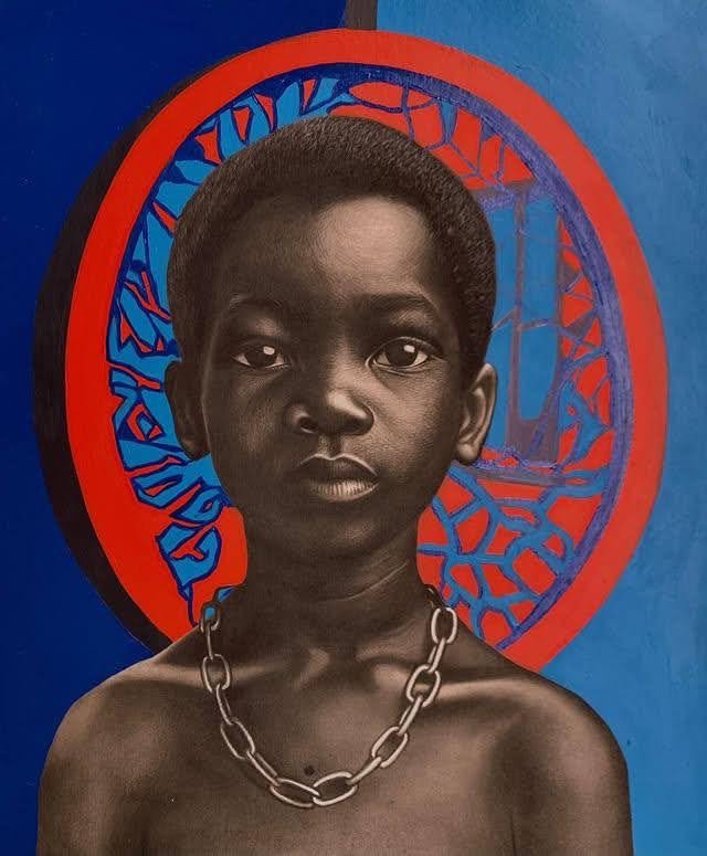 Chain Of Trauma II" by Taiwo John Afuye depicts a young Black boy with short hair and a large chain necklace, set against a vibrant red and blue circular pattern on blue. This unique piece is hand-signed by the artist.