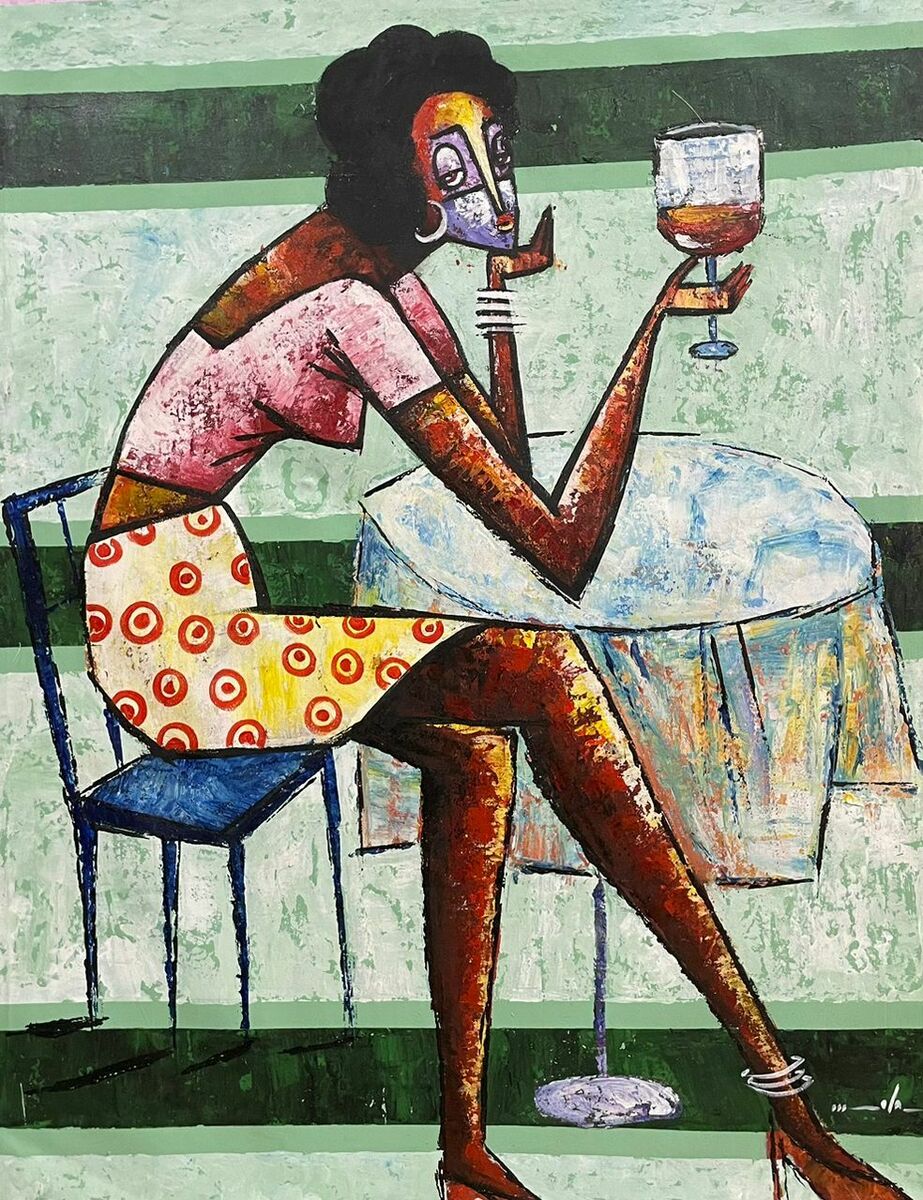 Cheers" by Ola Kuti is a hand-signed acrylic on canvas of a dark-skinned woman with exaggerated features, seated at a round table with a large drink, wearing a patterned skirt and gazing thoughtfully to the side.