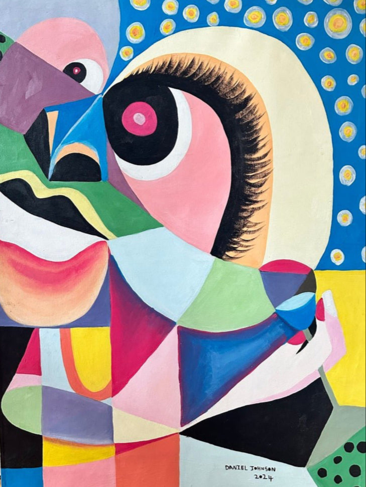 Coming Together" by Daniel Johnson is a hand-signed Cubist acrylic on canvas featuring a colorful abstract face with bold geometric shapes, vivid hues, a large lashed eye, and a blue sky dotted with yellow stars.