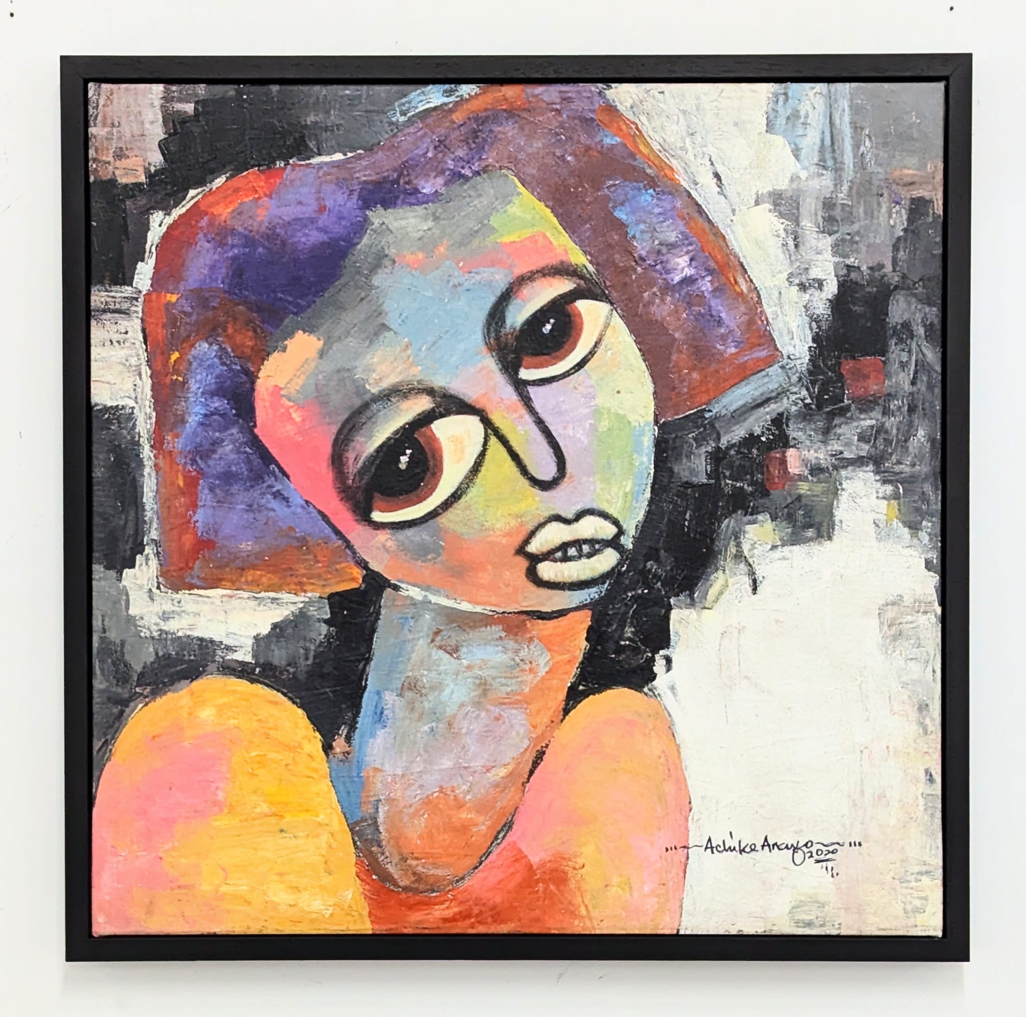 We Survived" by Achike Anayo is a vibrant, hand-signed abstract painting of a figure with large eyes and exaggerated features, blending blue, orange, yellow, and pink on a textured background—a truly unique artwork.