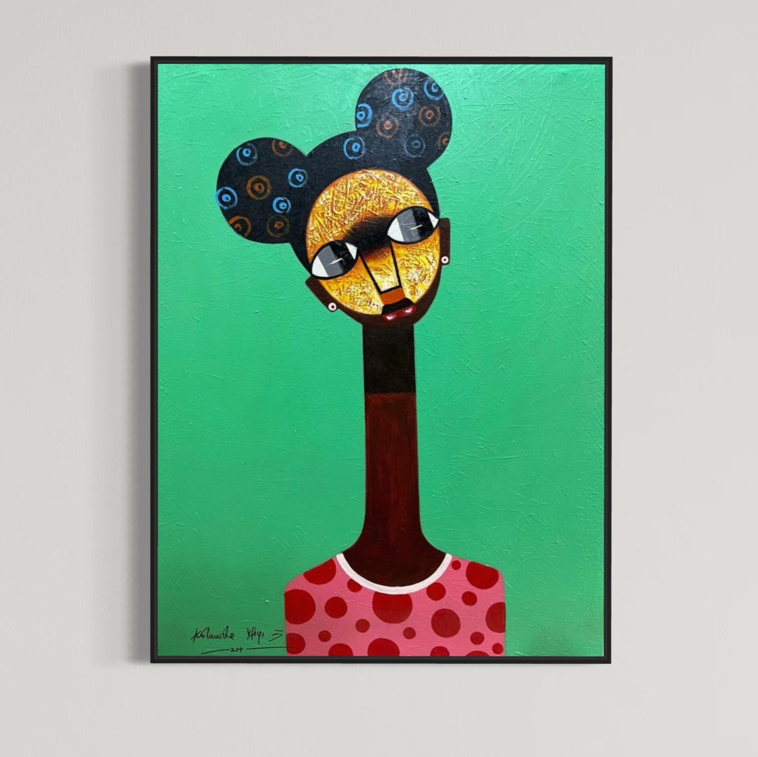 Contemporary Figurative Painting by Kolawale Niyi: A framed cubist artwork featuring a stylized figure with a long neck, abstract yellow face, and black hair buns in a red polka-dot shirt against a green background.