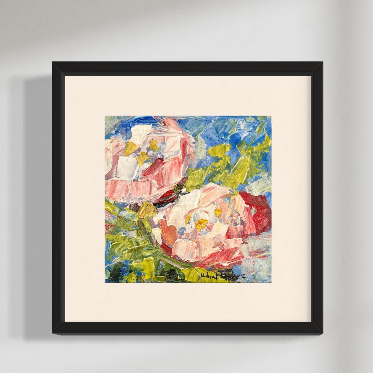 The Contemporary Textured Abstract Floral Miniature Painting by Kehinde Badmus from Kehinde Badmuss features abstract pink flowers with green leaves on a vivid blue and yellow background—ideal for lovers of modern floral art.