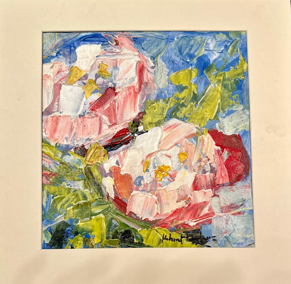 The Contemporary Textured Abstract Floral Miniature Painting by Kehinde Badmus features two pink and white flowers with green leaves on a blue background, created with thick brushstrokes and bearing the artist Kehinde Badmuss’s signature.