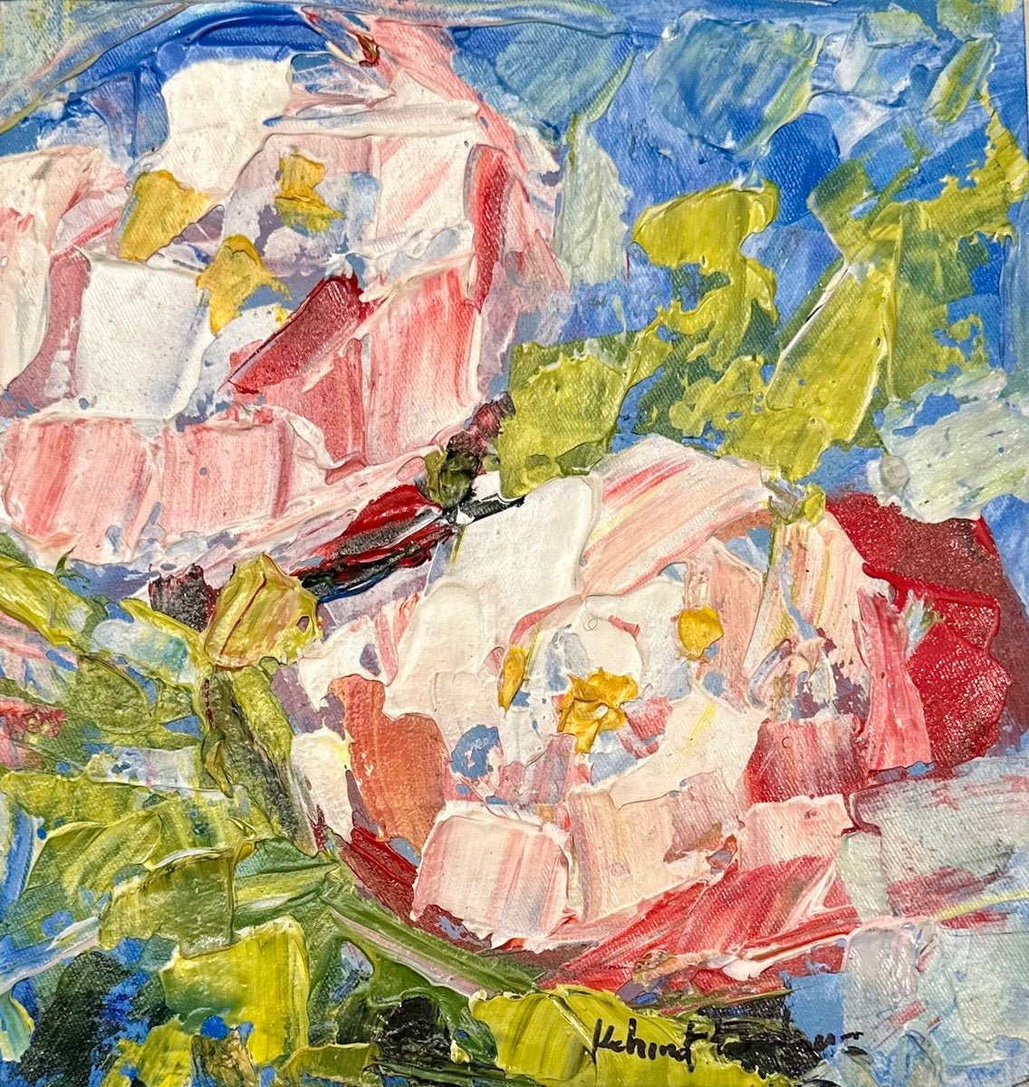 Contemporary Textured Abstract Floral Miniature Painting by Kehinde Badmus for Kehinde Badmuss, depicting two light pink flowers with green leaves on a blue background. Thick, textured brushstrokes and artist’s signature at the bottom.