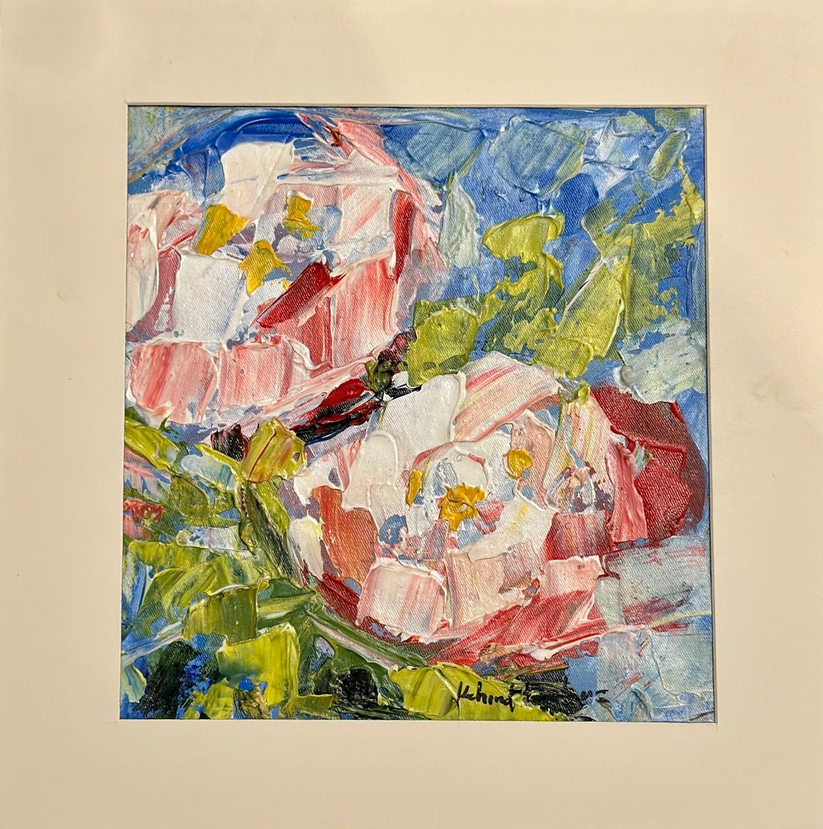 The Contemporary Textured Abstract Floral Miniature Painting by Kehinde Badmus (Kehinde Badmuss) features two pink and white flowers with yellow centers and green leaves on a blue background, rendered in vivid, impressionistic brushstrokes.