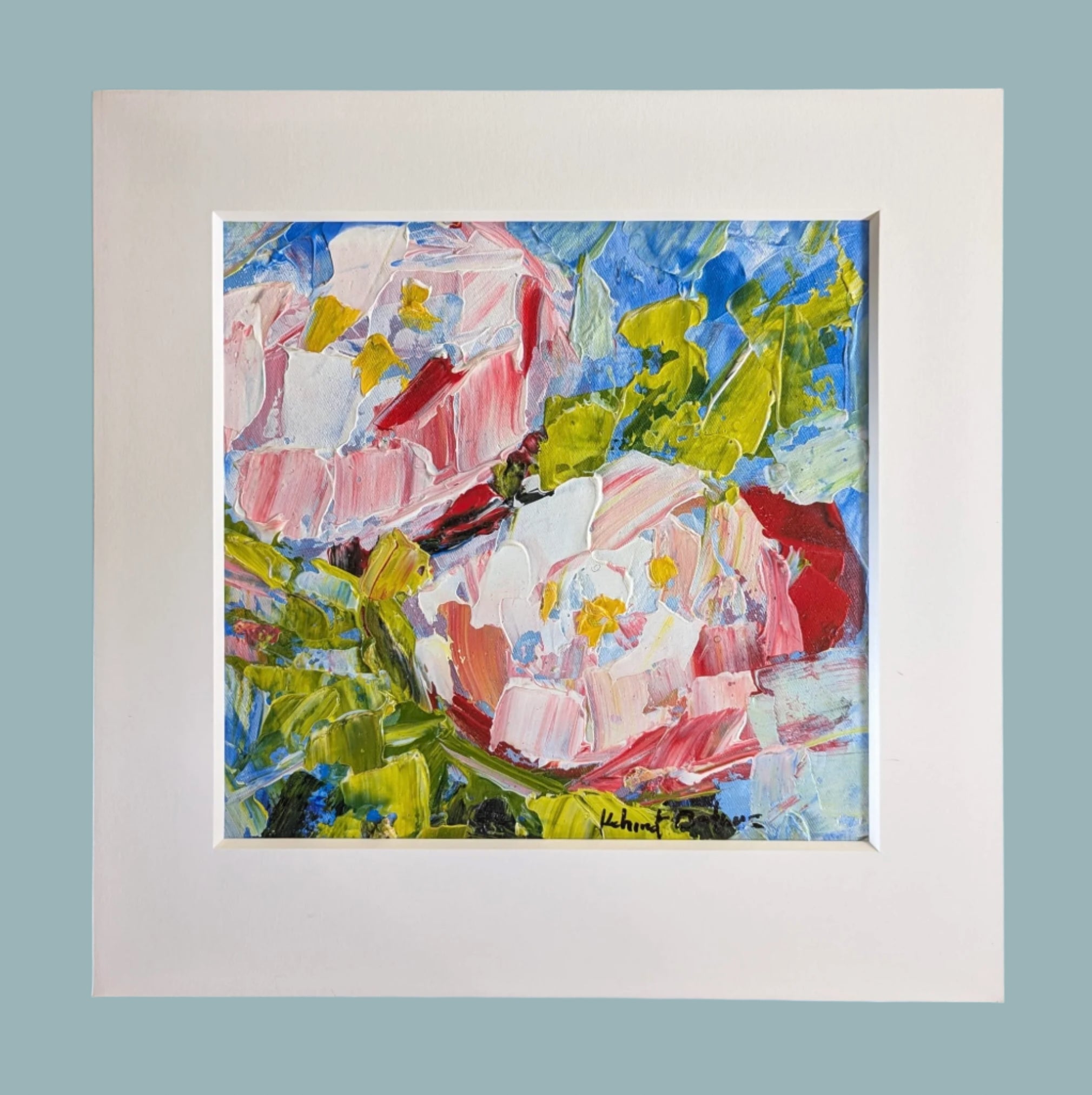 The Contemporary Textured Abstract Floral Miniature Painting by Kehinde Badmus features bold, textured strokes in pink, white, green, blue, and yellow with a vivid floral style. Brand: Kehinde Badmuss.