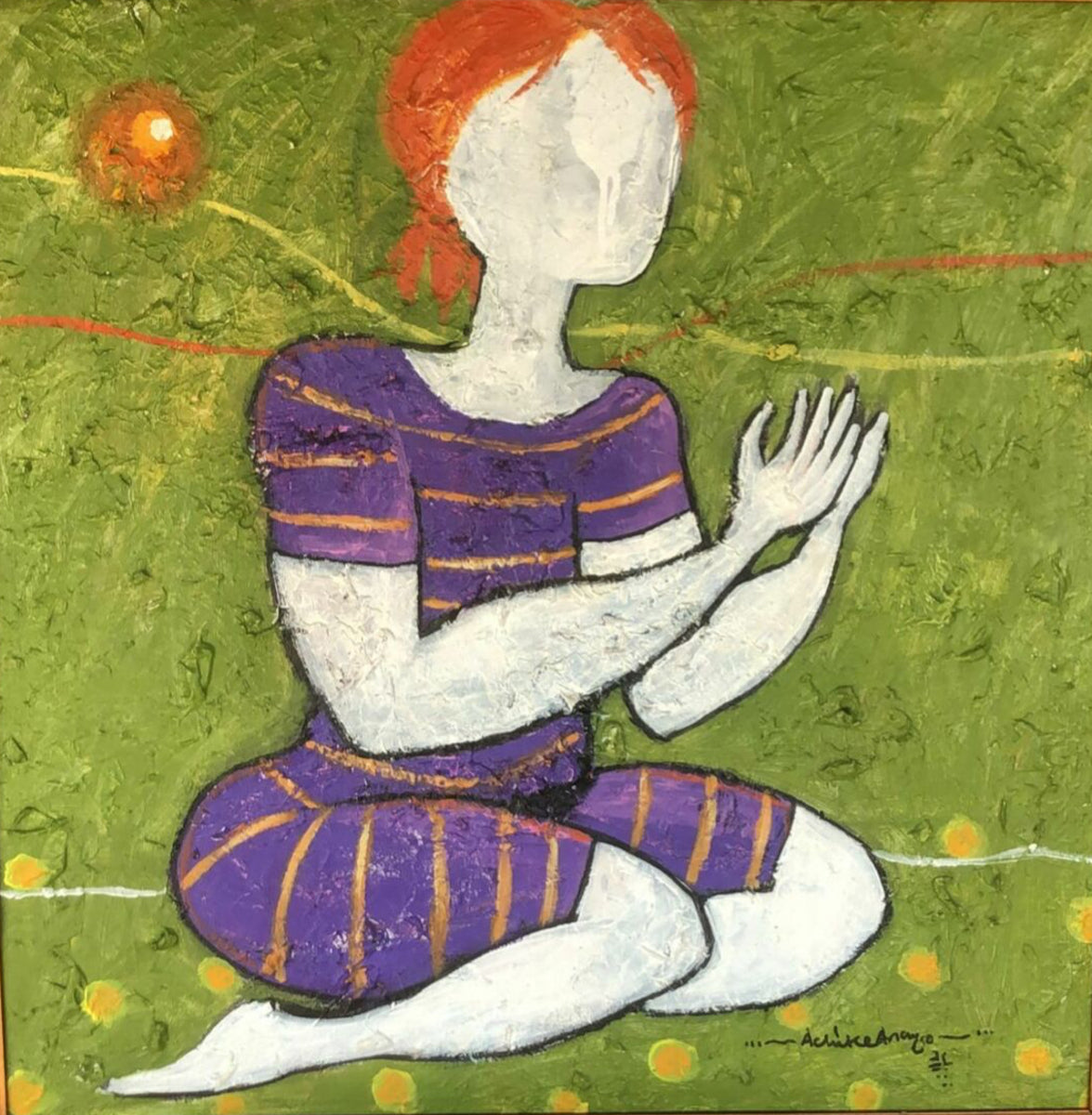 Suplication 4" by Achike Anayo features a faceless red-haired figure kneeling on grass in a purple, gold-striped outfit. The textured acrylic painting has green tones with abstract orange and yellow shapes as the background.