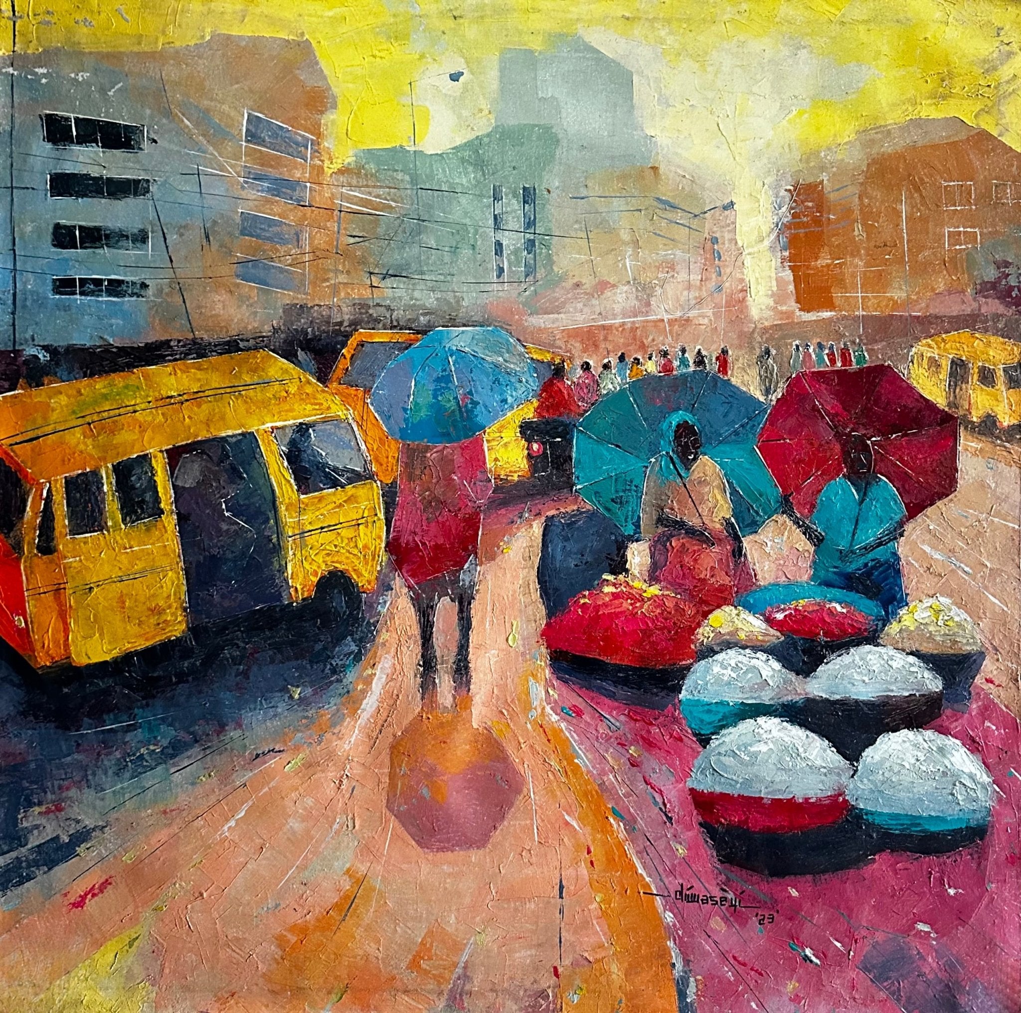 “Danfo” by Bibianna African Art Collective: A colorful cityscape painting depicting Lagos commuters with blue and red umbrellas, vendors with bowls of goods, iconic yellow danfo buses, and tall city buildings beneath a bright hazy sky.