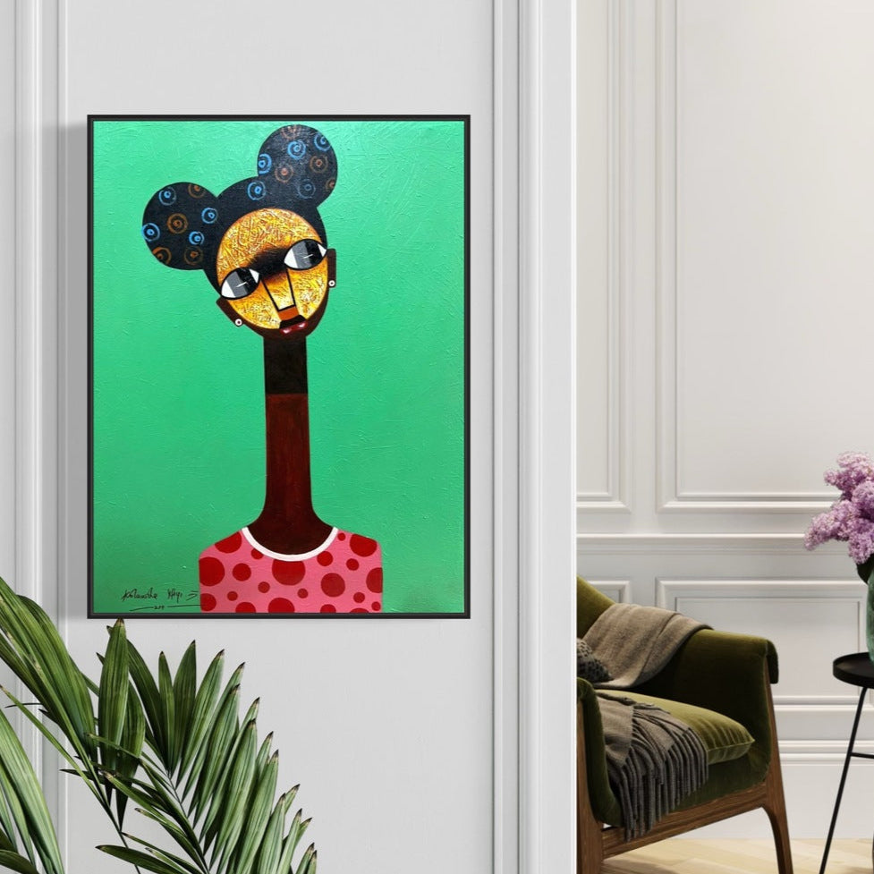The “Contemporary Figurative Painting by Kolawale Niyi” by Kolawale Niyi, featuring a colorful cubist figure with a long neck and sunglasses, is displayed on a green wall in a modern room with plants and vibrant decor.