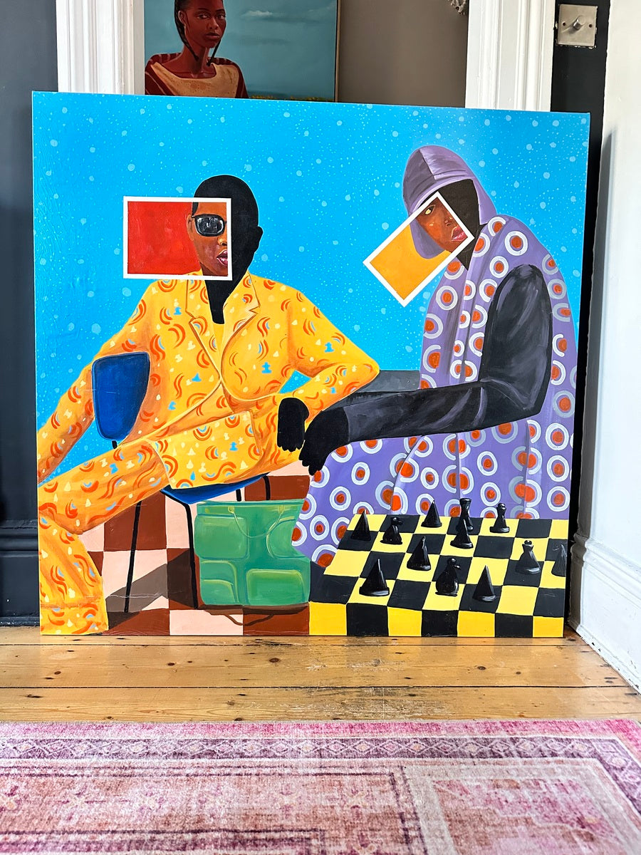 Renaissance Man" by Afuope Opeyemi is a hand-signed, retro-style acrylic on canvas painting featuring two abstract faceless figures in patterned suits at a yellow chessboard, set against a blue background with a portrait above.