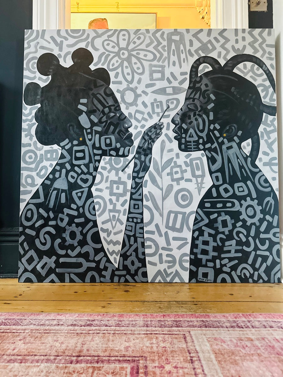 The Monochrome Large Acrylic Painting on Canvas "Adornment" by Afuope Opeyemi features two abstract, geometric-patterned silhouettes—one black, one gray—on a light background, blending African artistry with modern design.