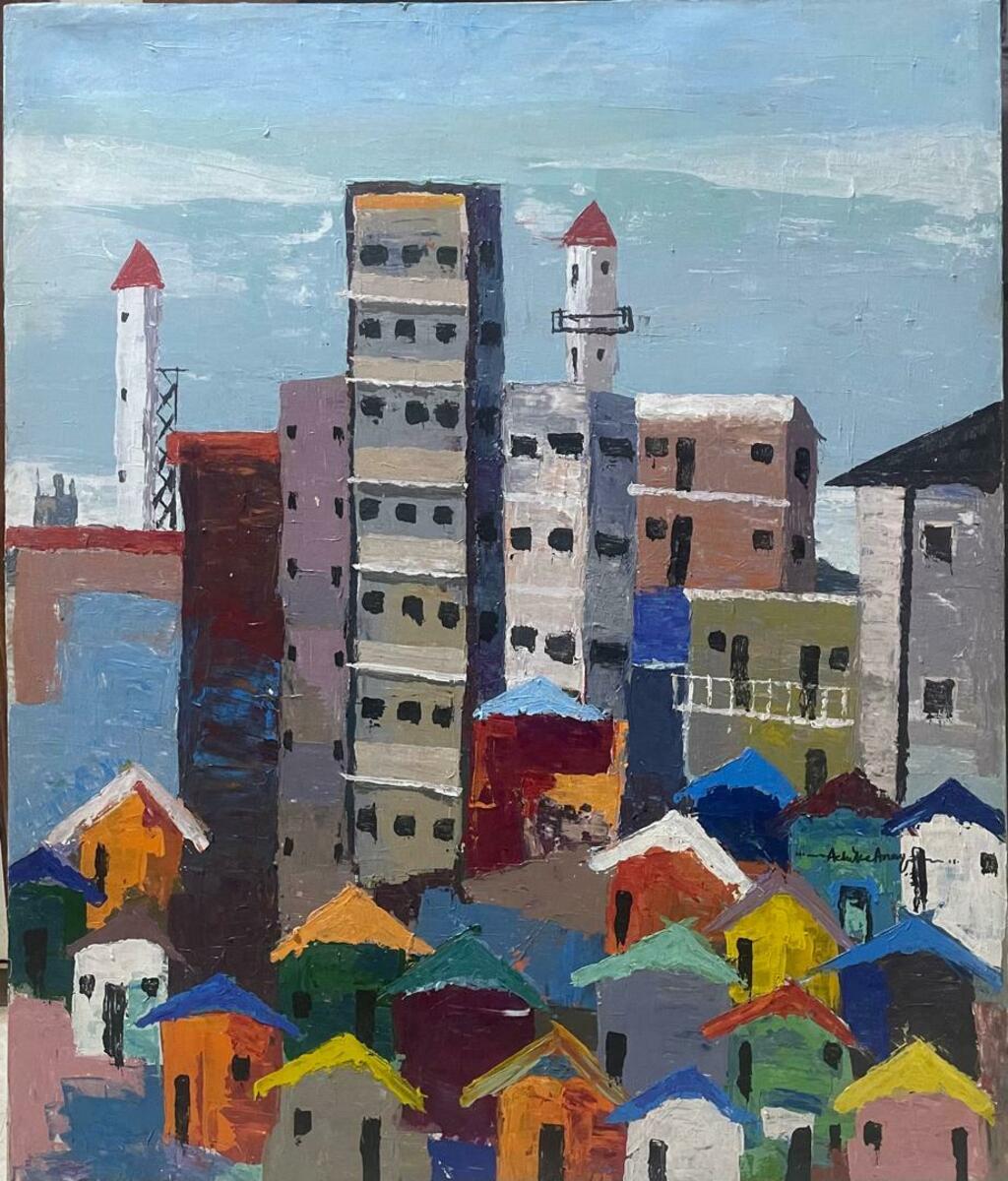 Eko City" by Achike Anayo is a vibrant, hand-signed painting featuring colorful houses and two white lighthouses beneath a cloudy sky. This unique artwork includes a certificate of authenticity.