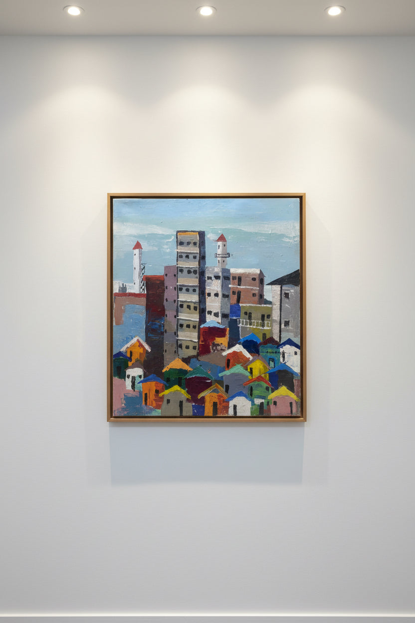 'Eko City' Expressionist City Scape by Achike Anayo features vibrant houses, tall buildings, and lighthouses under a cloudy sky—a colorful, hand-signed artwork perfect for collectors.