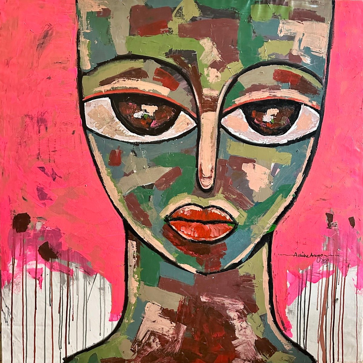 Emancipation 1" by Achike Anayo is an abstract acrylic face painting with large eyes in green, brown, pink, and red on canvas, set against a bright pink background with drips. Hand-signed and includes a certificate of authenticity.