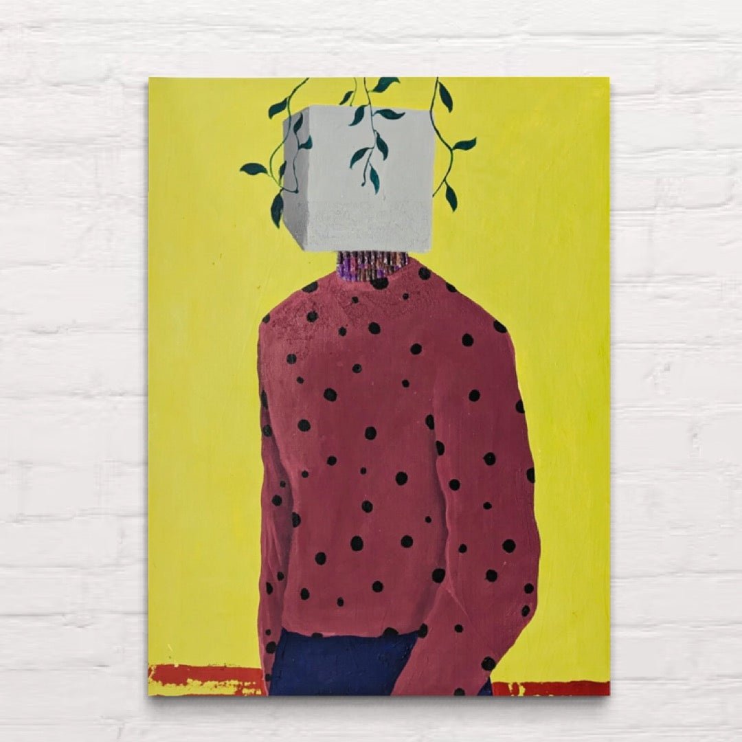 Embody II" by Slam Austin is an acrylic on canvas depicting a person with a box head, green vines atop, and a red polka-dot shirt on a vivid yellow background. This hand-signed piece is shown on a white brick wall.