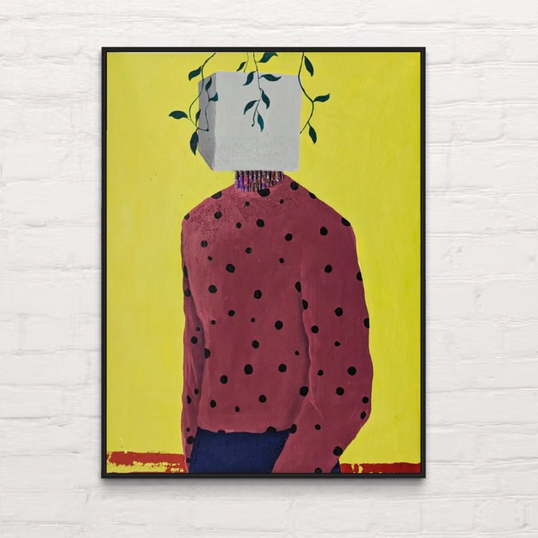 Embody II" by Slam Austin features a figure in a red polka-dot shirt with a white box head sprouting vines against a bold yellow background. This hand-signed acrylic on canvas comes with a certificate of authenticity and is ready to hang.