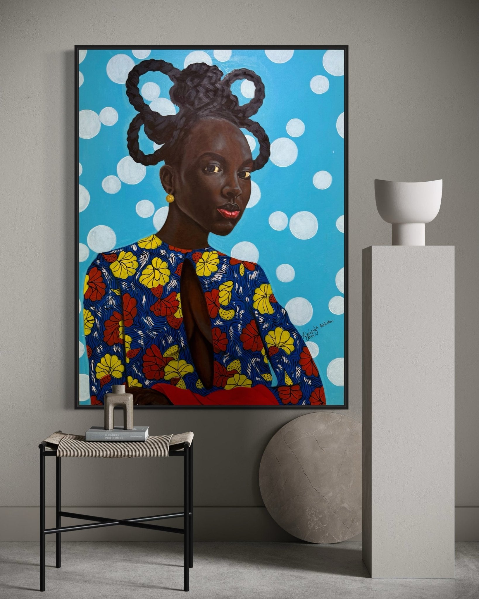 Enigmatic Beauty: 'Lady' by Ajenifuja Abiodun is a framed acrylic portrait of an African woman with braided hair and a vibrant floral outfit, set against a blue background with white circles—perfect for modern decor.