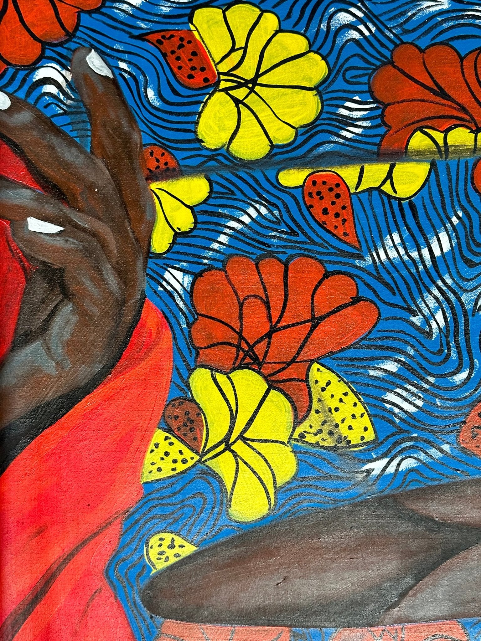 A close-up of "Enigmatic Beauty: 'Lady'" by Ajenifuja Abiodun shows a dark-skinned hand and arm draped in bold red fabric against a vibrant blue, yellow, and red floral background with organic contemporary African art shapes.