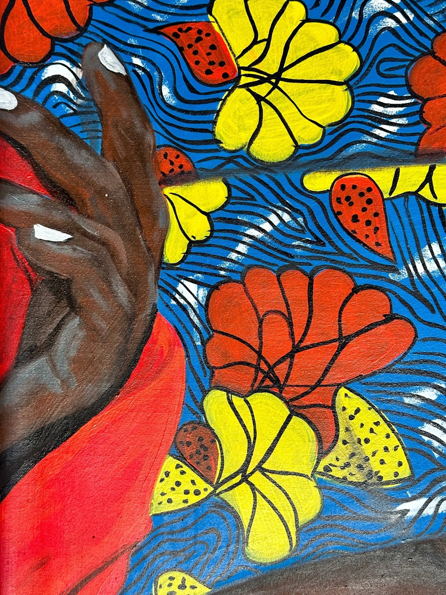 Enigmatic Beauty: 'Lady' by Ajenifuja Abiodun showcases a dark-skinned hand with white nails, red garment, and vivid yellow-orange abstract flowers on a blue patterned background, capturing contemporary African art.