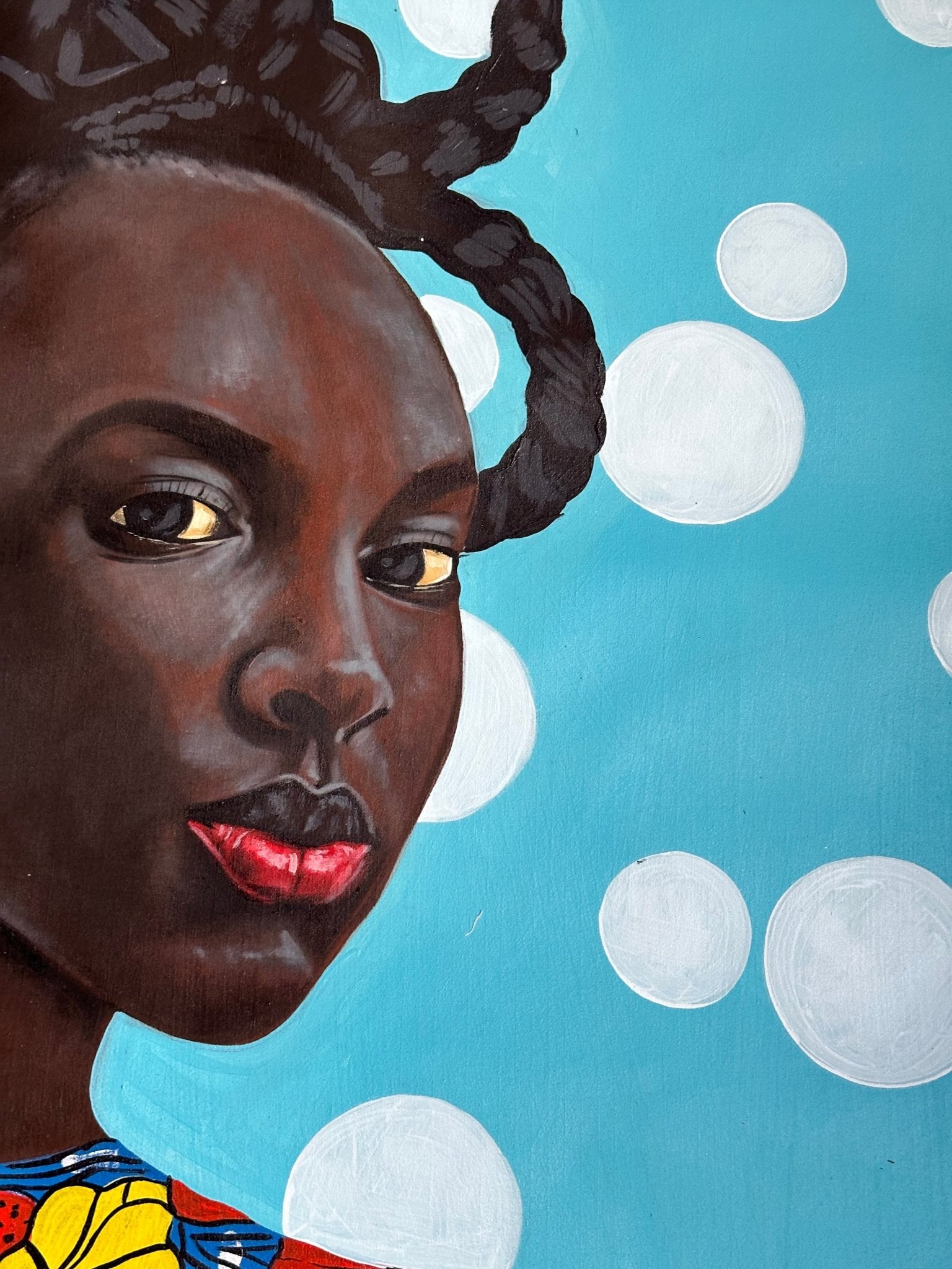 Enigmatic Beauty: 'Lady' by Ajenifuja Abiodun is a contemporary African art piece portraying a braided woman with red lips, facial highlights, and a colorful garment set against a blue backdrop with white circles.