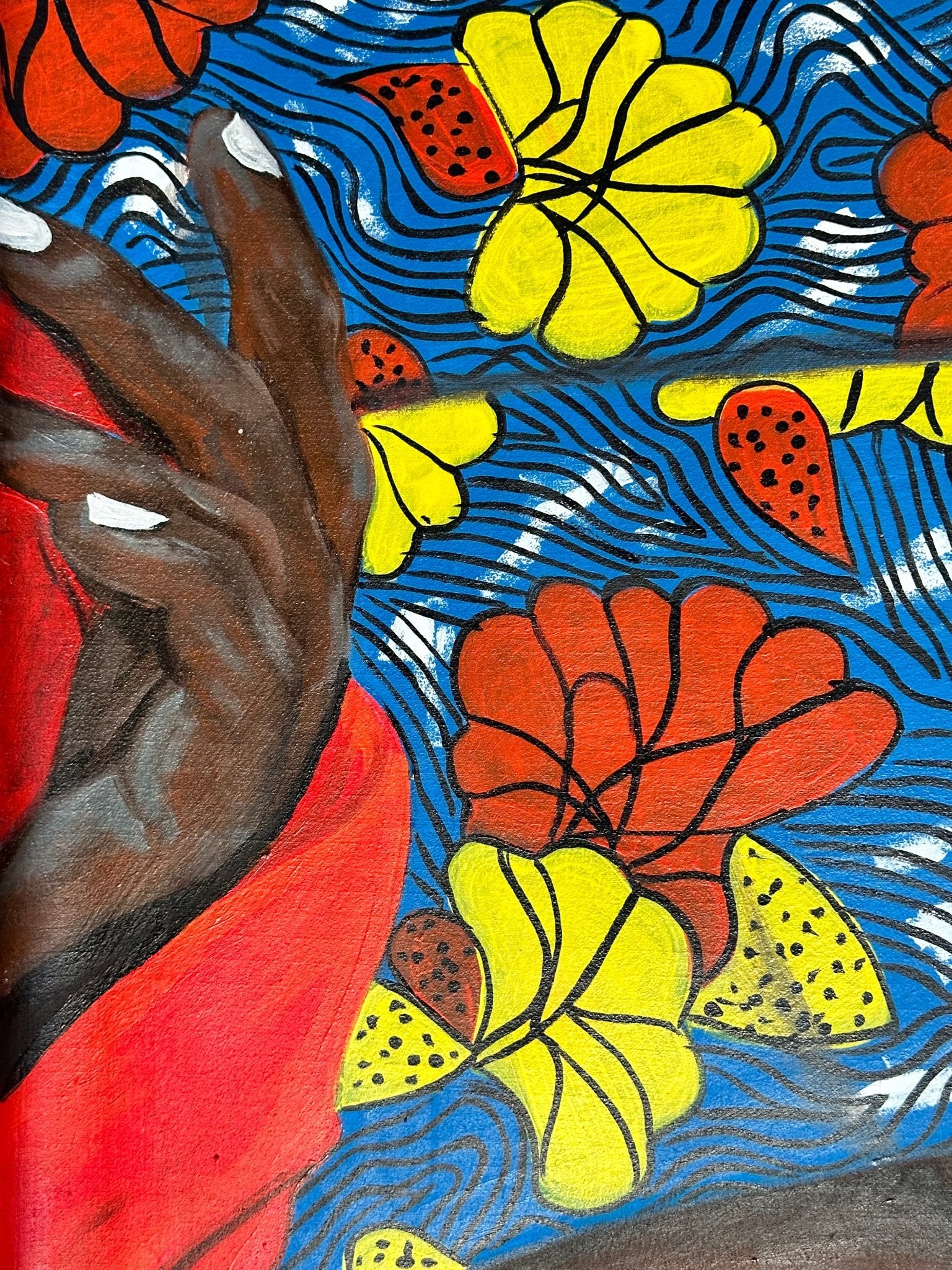 Enigmatic Beauty: "Lady" by Ajenifuja Abiodun is a contemporary African art piece featuring a dark-skinned hand with white nails against a vibrant blue and white wavy background with yellow and red abstract floral shapes.