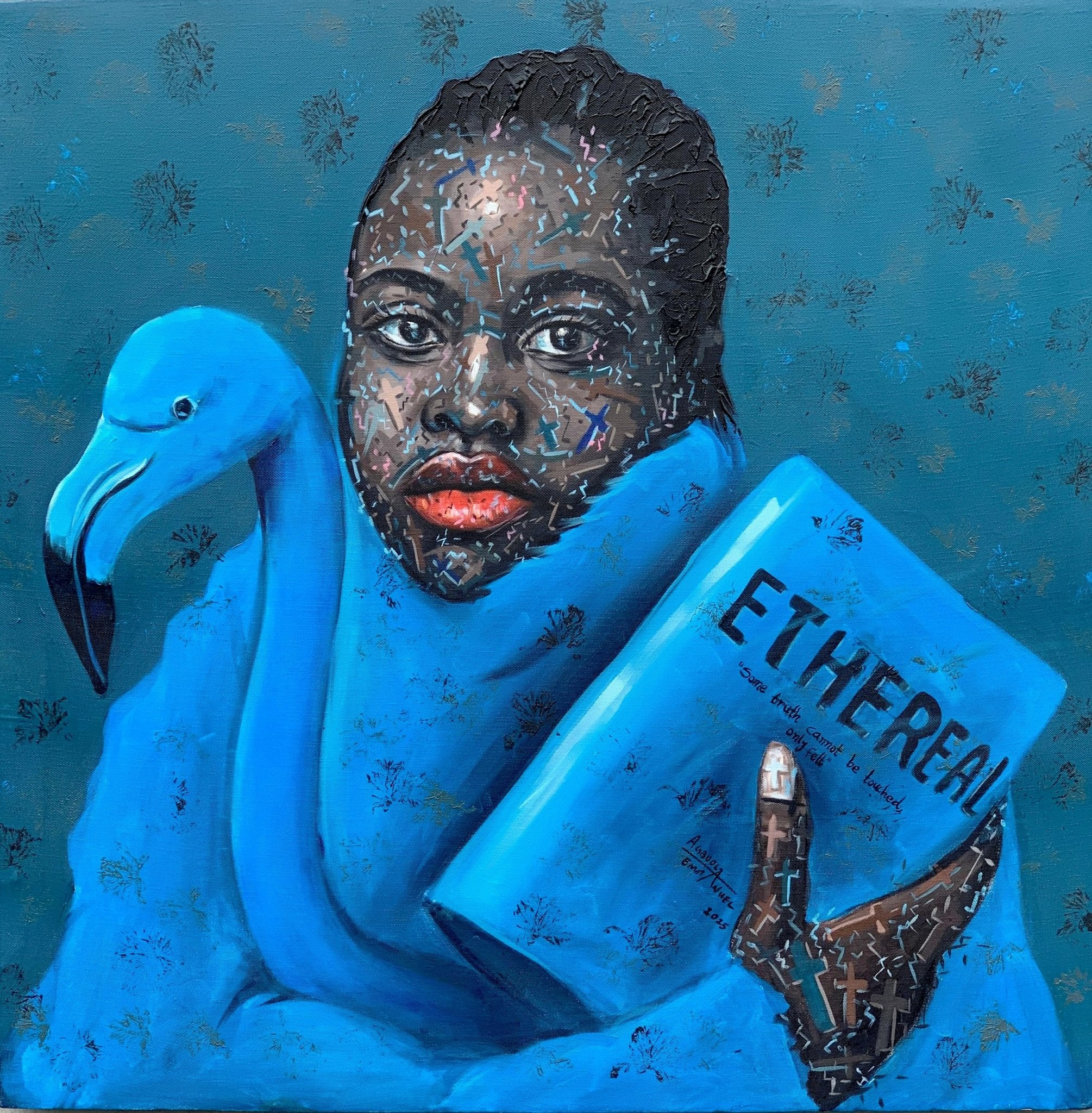 'Ethereal'—an original 91 x 91cm acrylic portrait by Agboola Emmanuel I, from the Finding Self series, features a figure with a blue flamingo, an "ETHEREAL" book, orange lips, cross patterns on skin and a blue background.