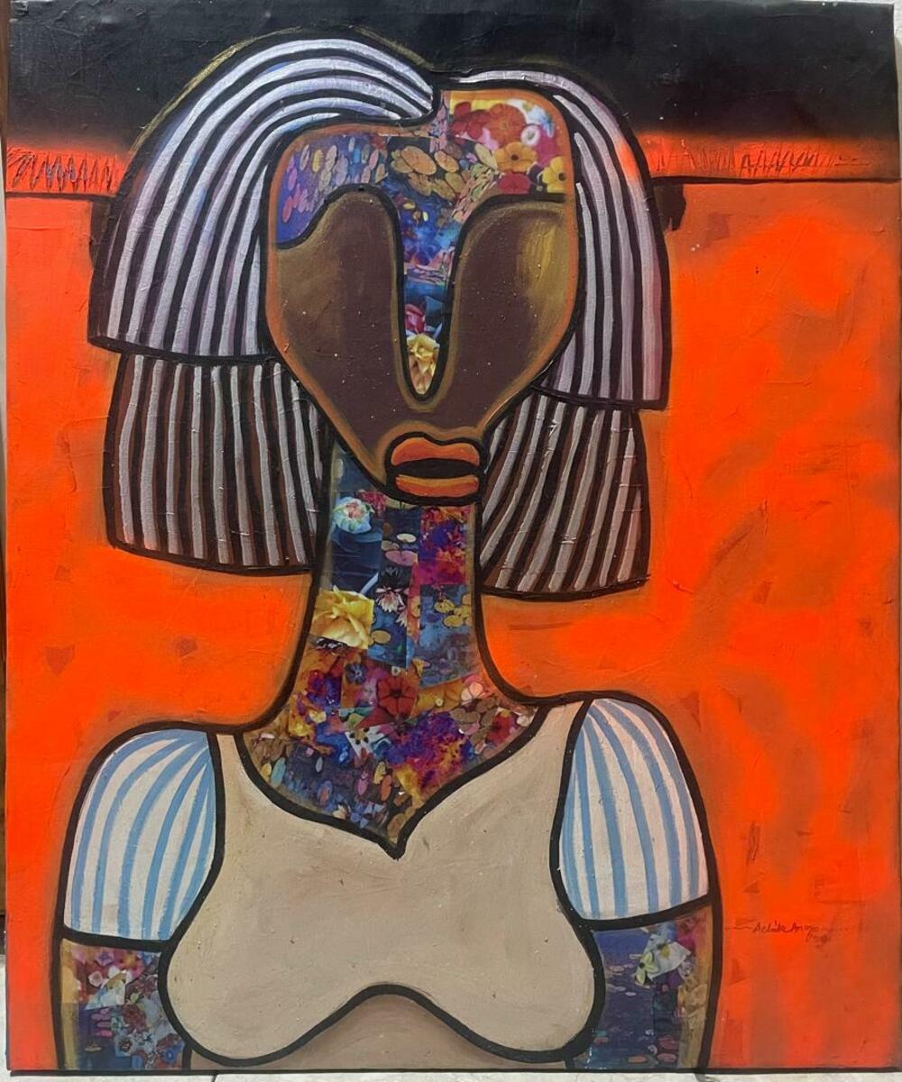 Expression" by Achike Anayo is an abstract portrait of a woman with striped hair and a floral-patterned face on a vivid orange background. The stylized artwork features bold lines, comes hand-signed, and includes a certificate of authenticity.