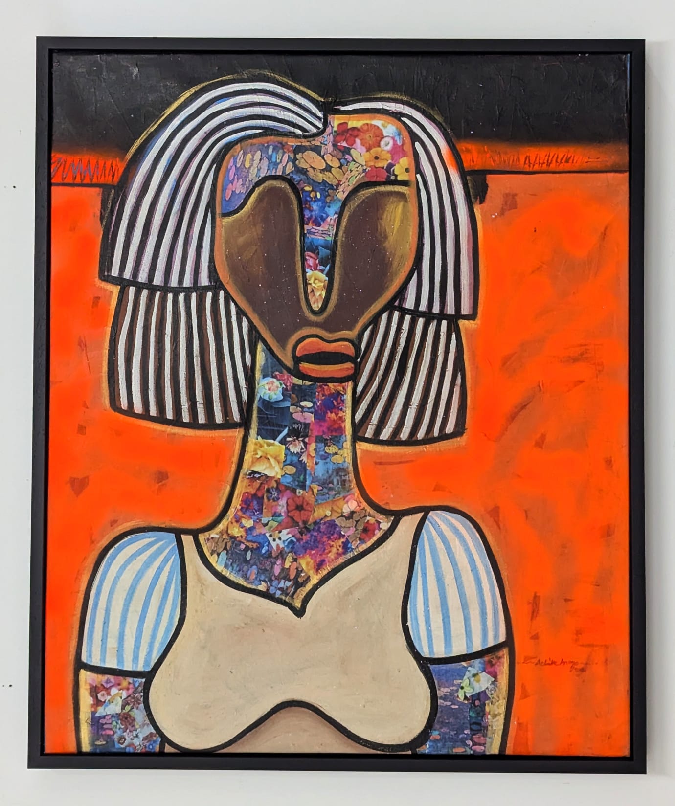 Expression" by Achike Anayo is an abstract painting of a woman with a large, elongated face, striped hair, and floral patterns on her skin. Set against a bright orange background with blue-striped sleeves. Includes certificate of authenticity.