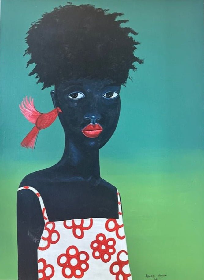 Phoenix" by Afuope Opeyemi is an acrylic-on-canvas original showing a Black child in a white dress with red circles and a red bird. The background transitions from teal to green. This expressionist piece is hand-signed by the artist.