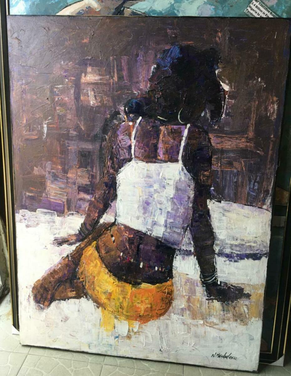 ‘Definition I’ is an original painting by N Marshal depicting a woman in a white crop top and yellow skirt, seated on a bed and facing away. Textured, colorful acrylic brushstrokes highlight her figure against an abstract background.