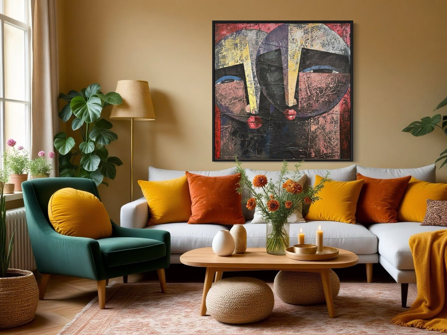 A cozy living room features a green chair, white sofa with orange and yellow pillows, wooden coffee table with flowers, and "Eye Contact" textured painting by Christopher Ankeli. Plants and soft lighting complete the decor.