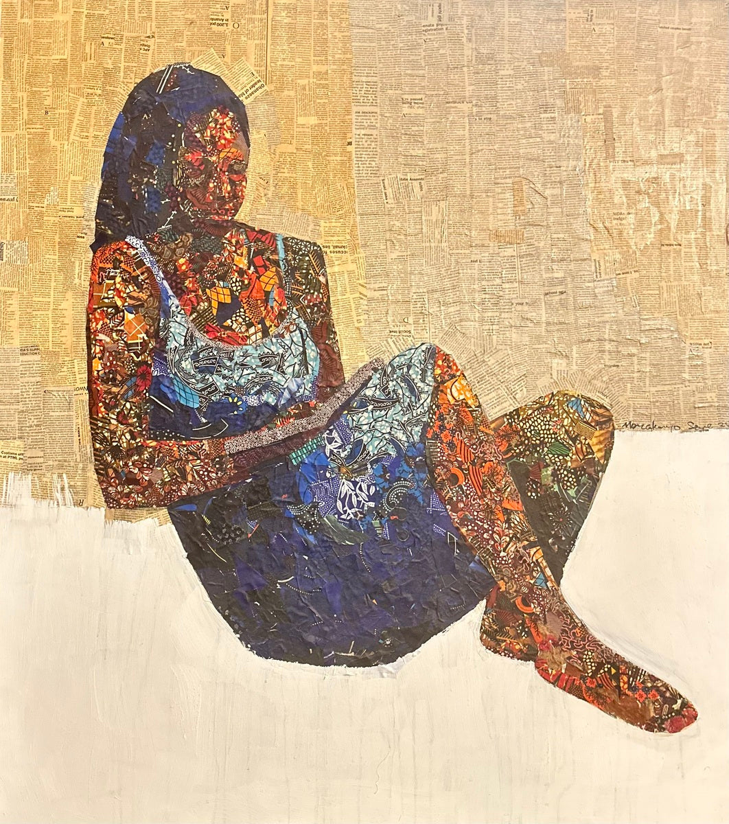Mixed Media Painting of a Woman In Pages of Writing 'Love Book' A vibrant collage artwork depicting a woman sitting with knees up, set against a textured neutral background.